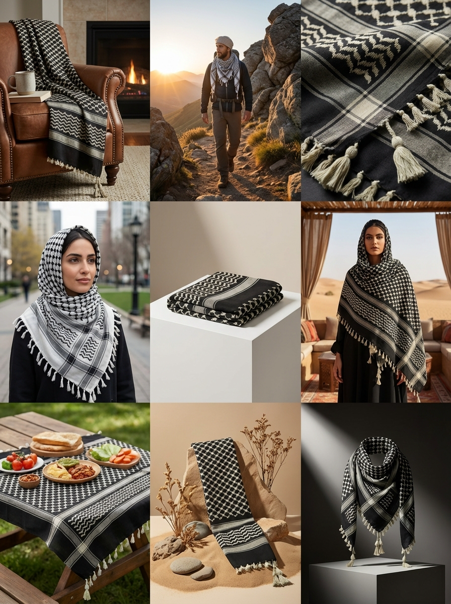 Mulled Basil Keffiyeh Pattern Tassel Scarf
