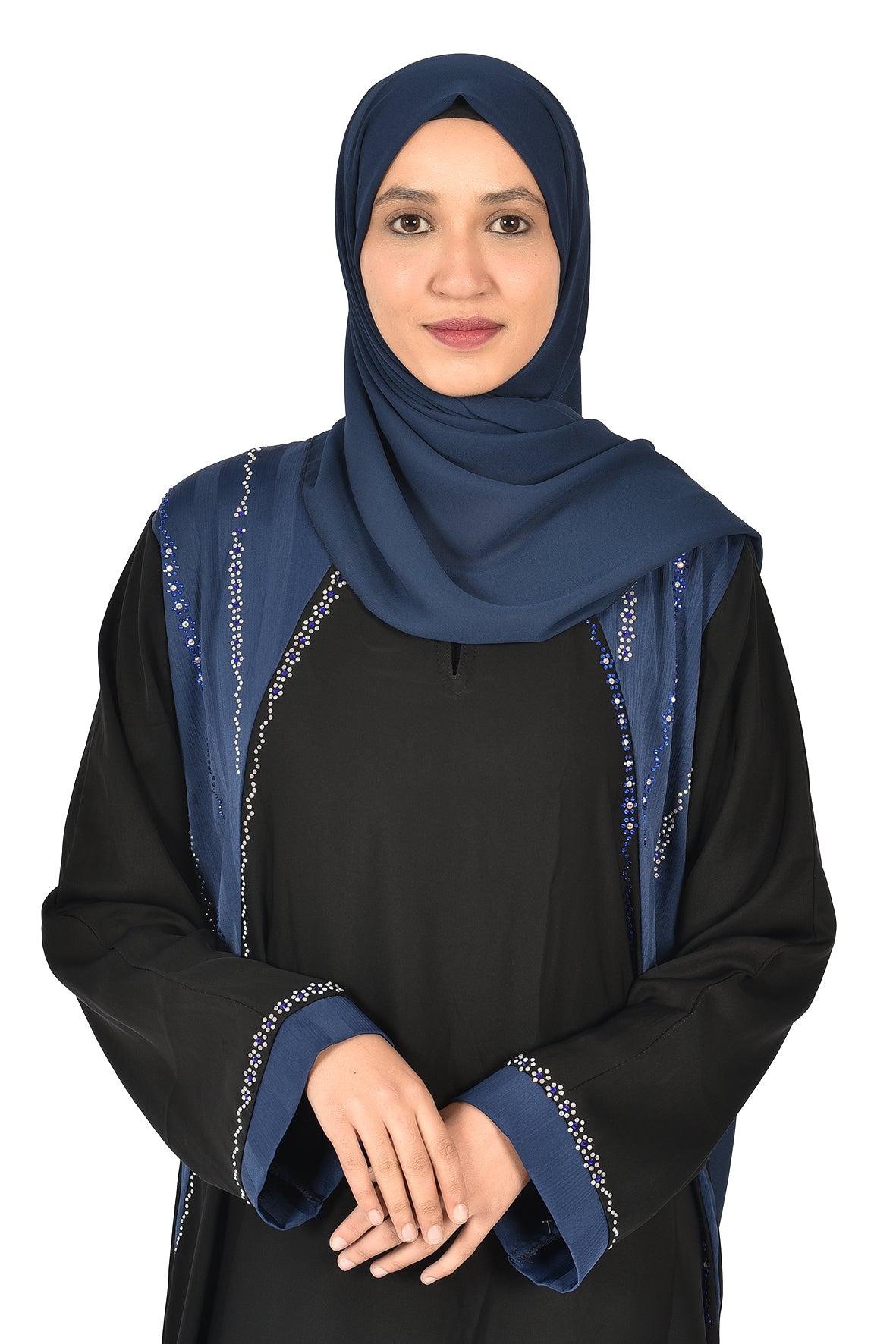 Elegant Black Abaya with Shiny Embroidery and Matching Blue Scarf – Feminine & Stylish Des (ladies abaya )ign