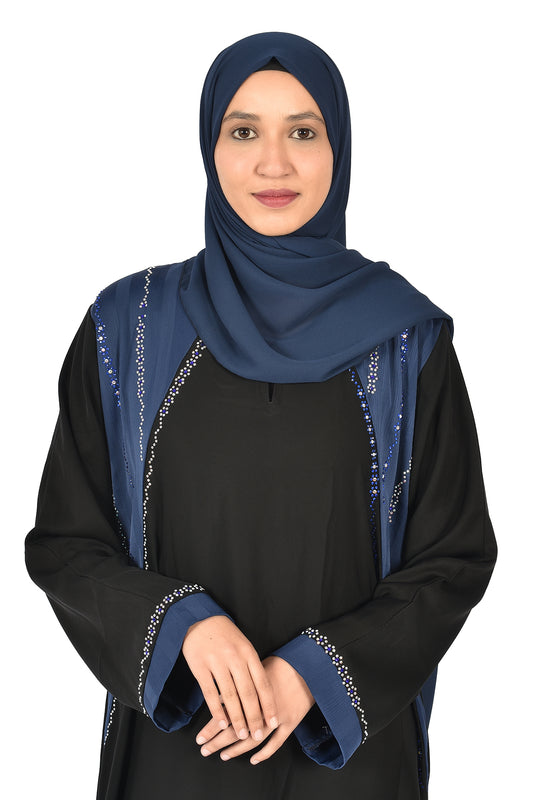 Elegant Black Abaya with Shiny Embroidery and Matching Blue Scarf – Feminine & Stylish Des (ladies abaya )ign