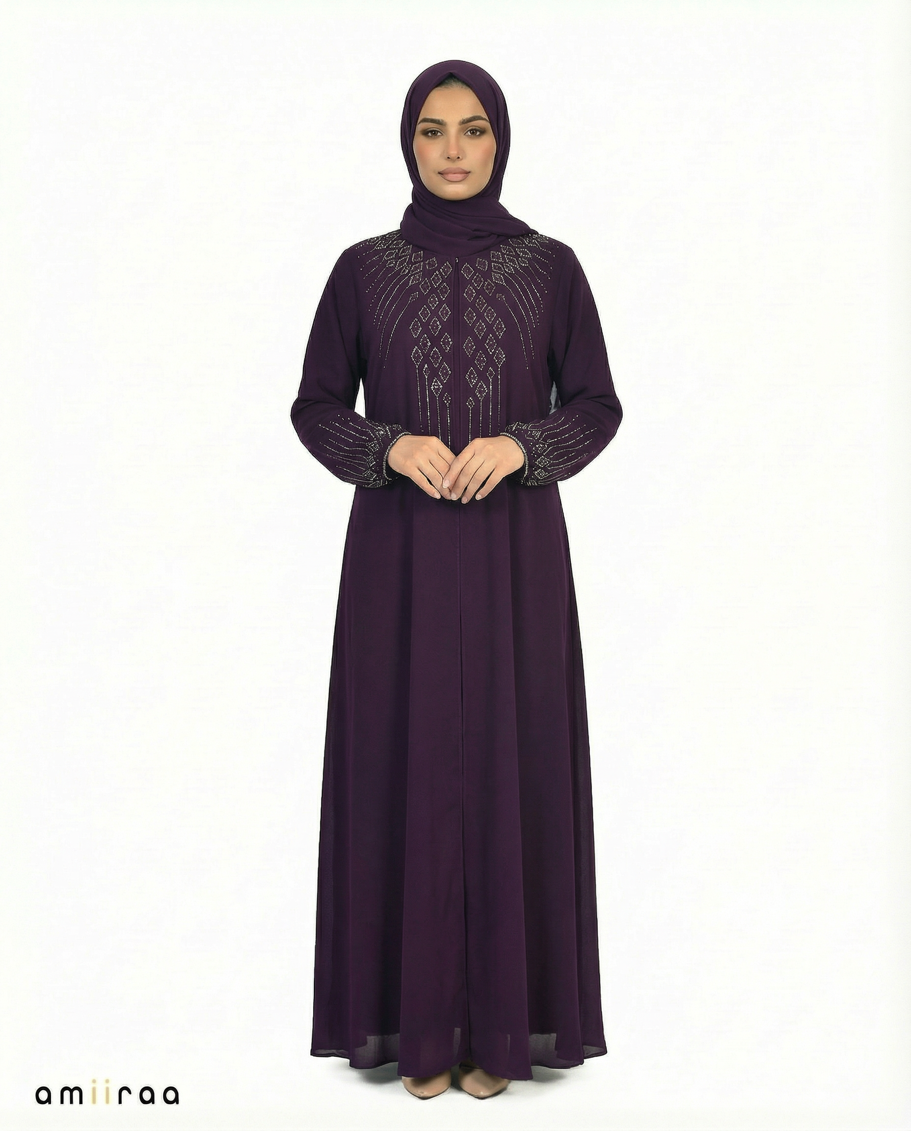 Purple Pennant Stone-Trim Layered Chiffon Abaya