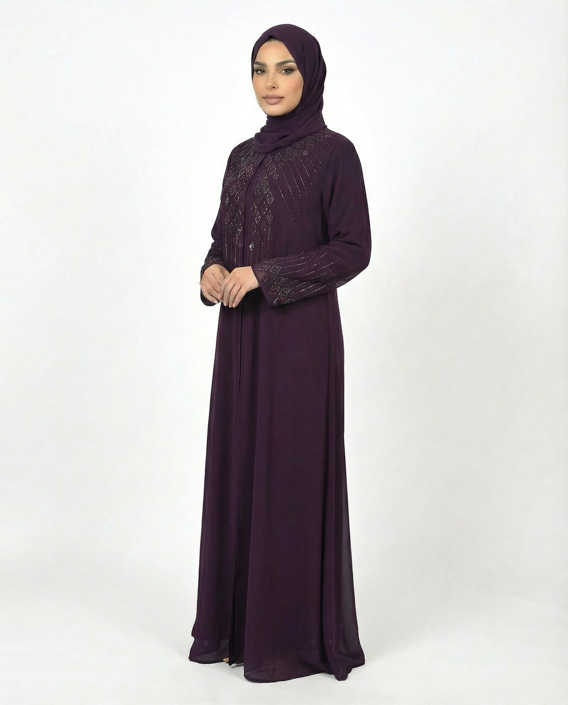 Purple Pennant Stone-Trim Layered Chiffon Abaya