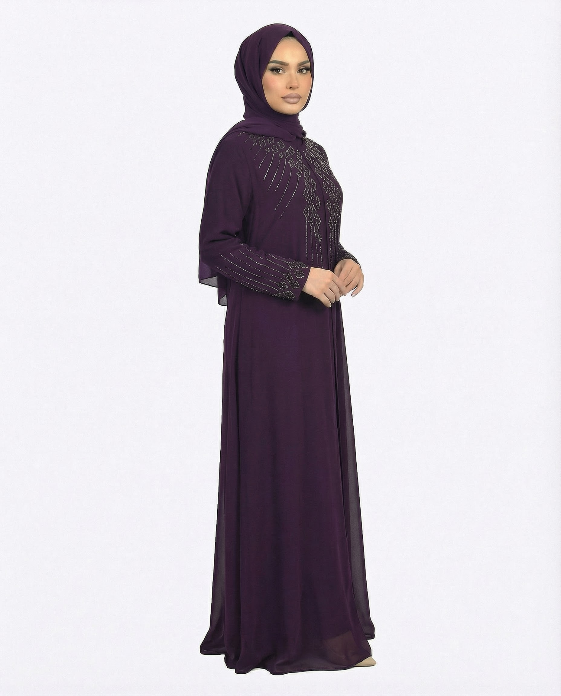 Purple Pennant Stone-Trim Layered Chiffon Abaya