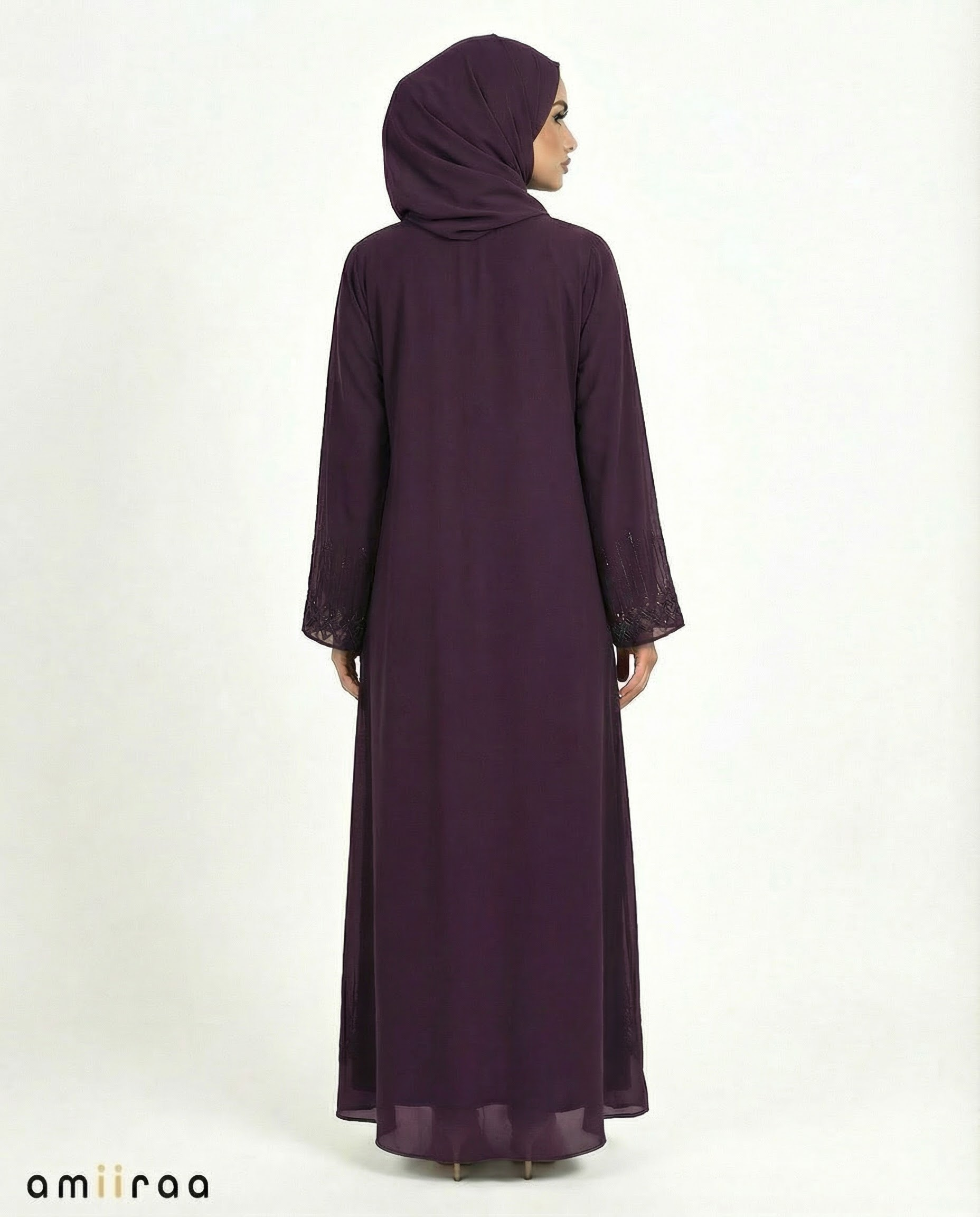 Purple Pennant Stone-Trim Layered Chiffon Abaya