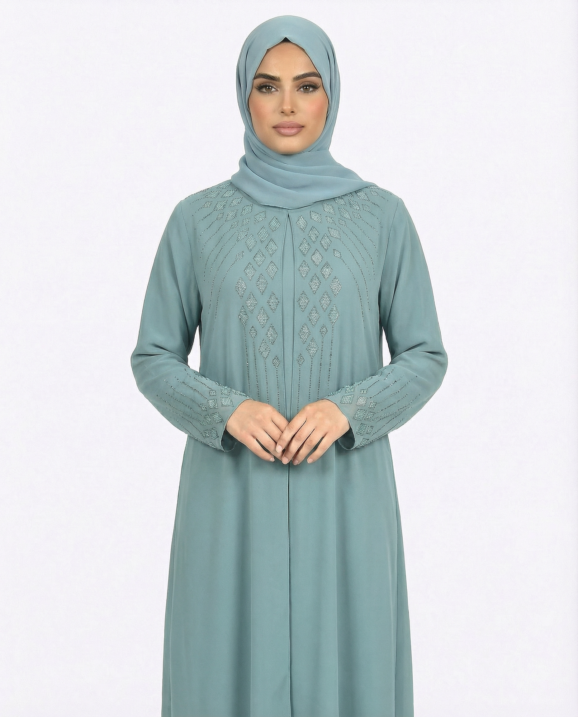 Arctic Stone-Trim Layered Chiffon Abaya