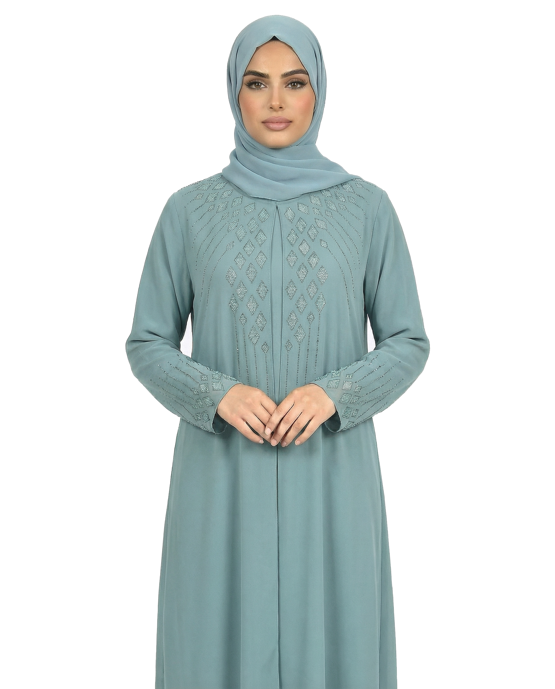 Arctic Stone-Trim Layered Chiffon Abaya
