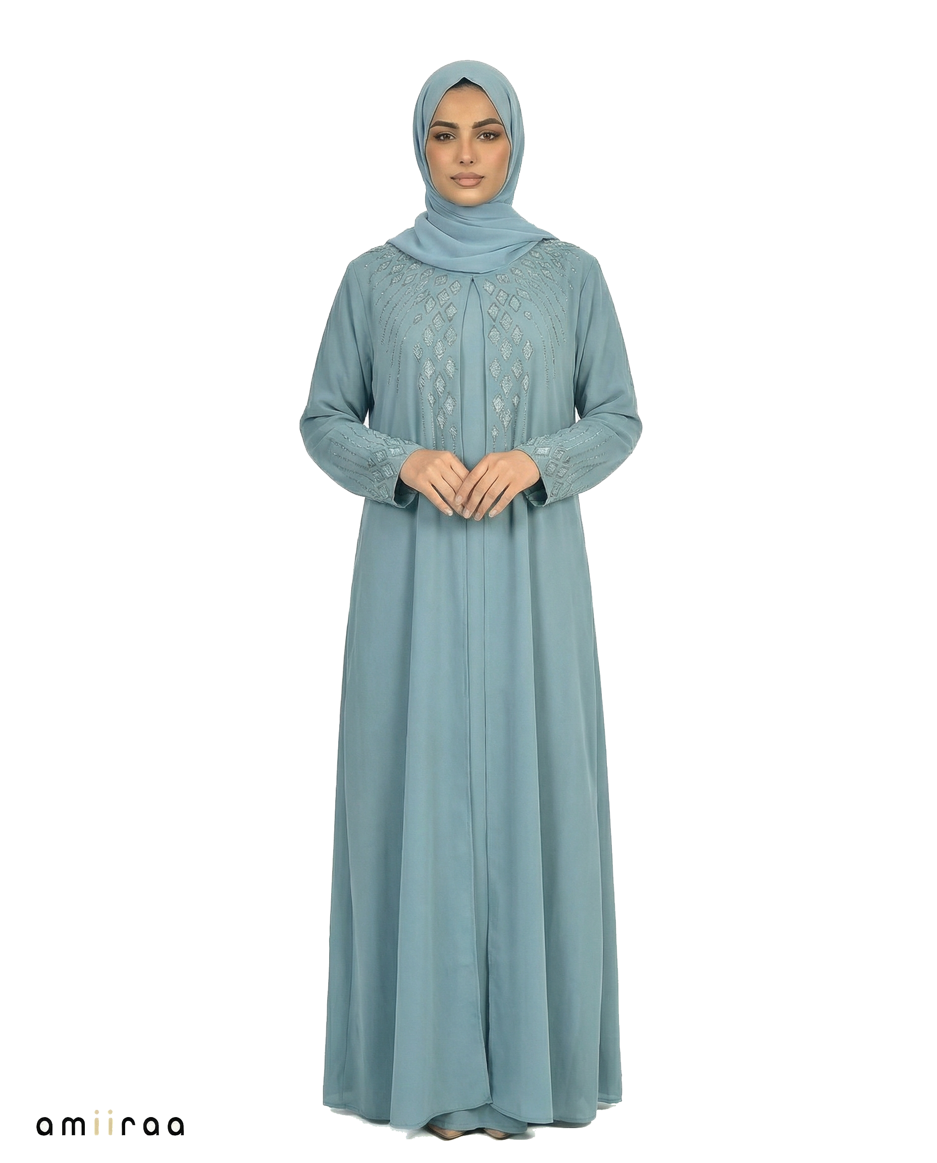 Arctic Stone-Trim Layered Chiffon Abaya