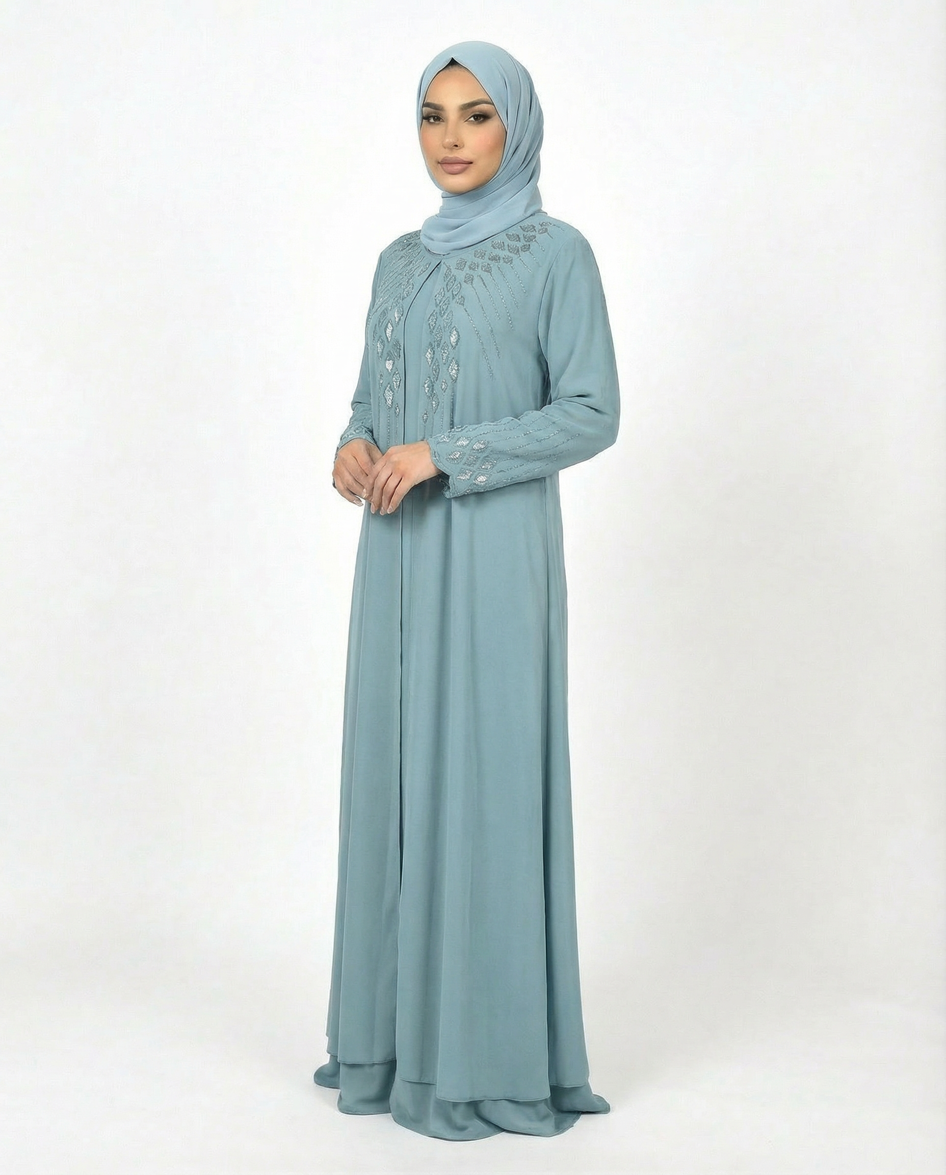 Arctic Stone-Trim Layered Chiffon Abaya