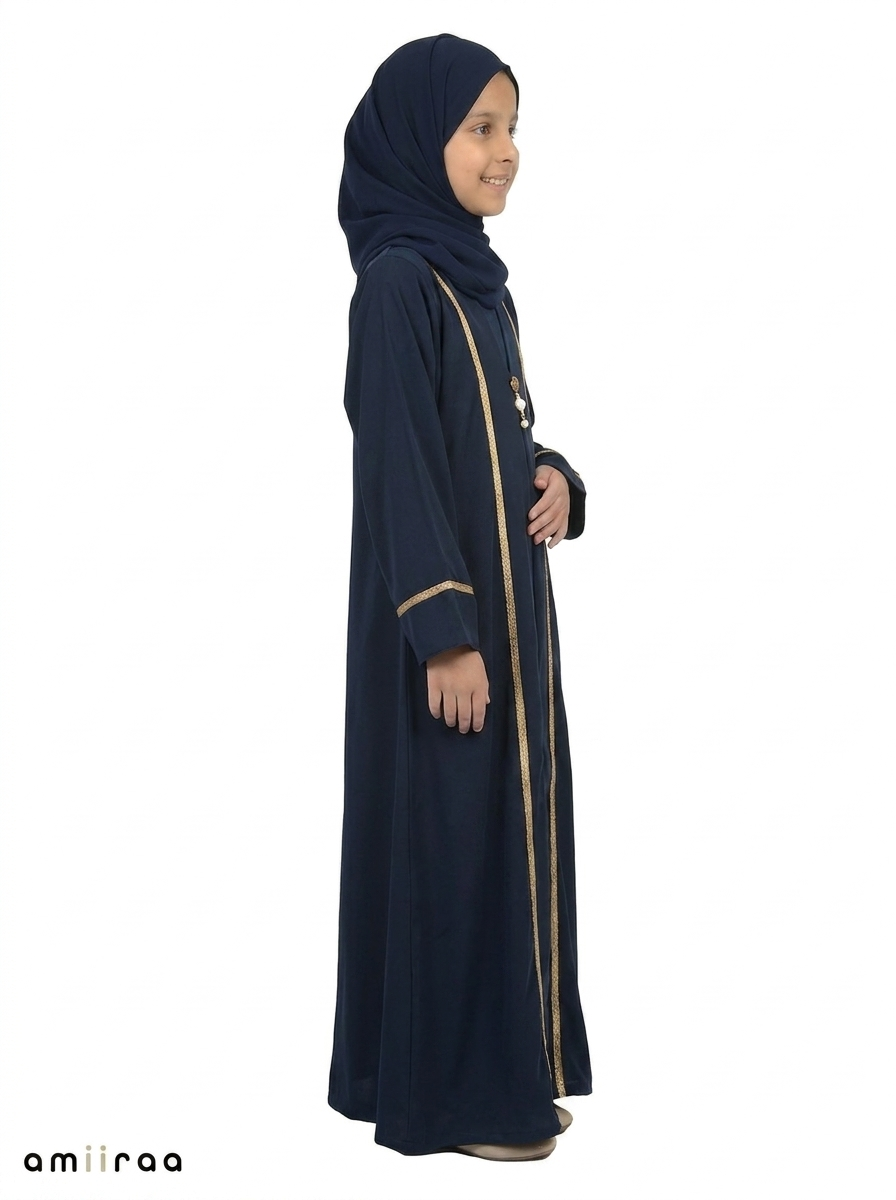 Dress Blue Saudi Abaya with Gold Trim Detailing