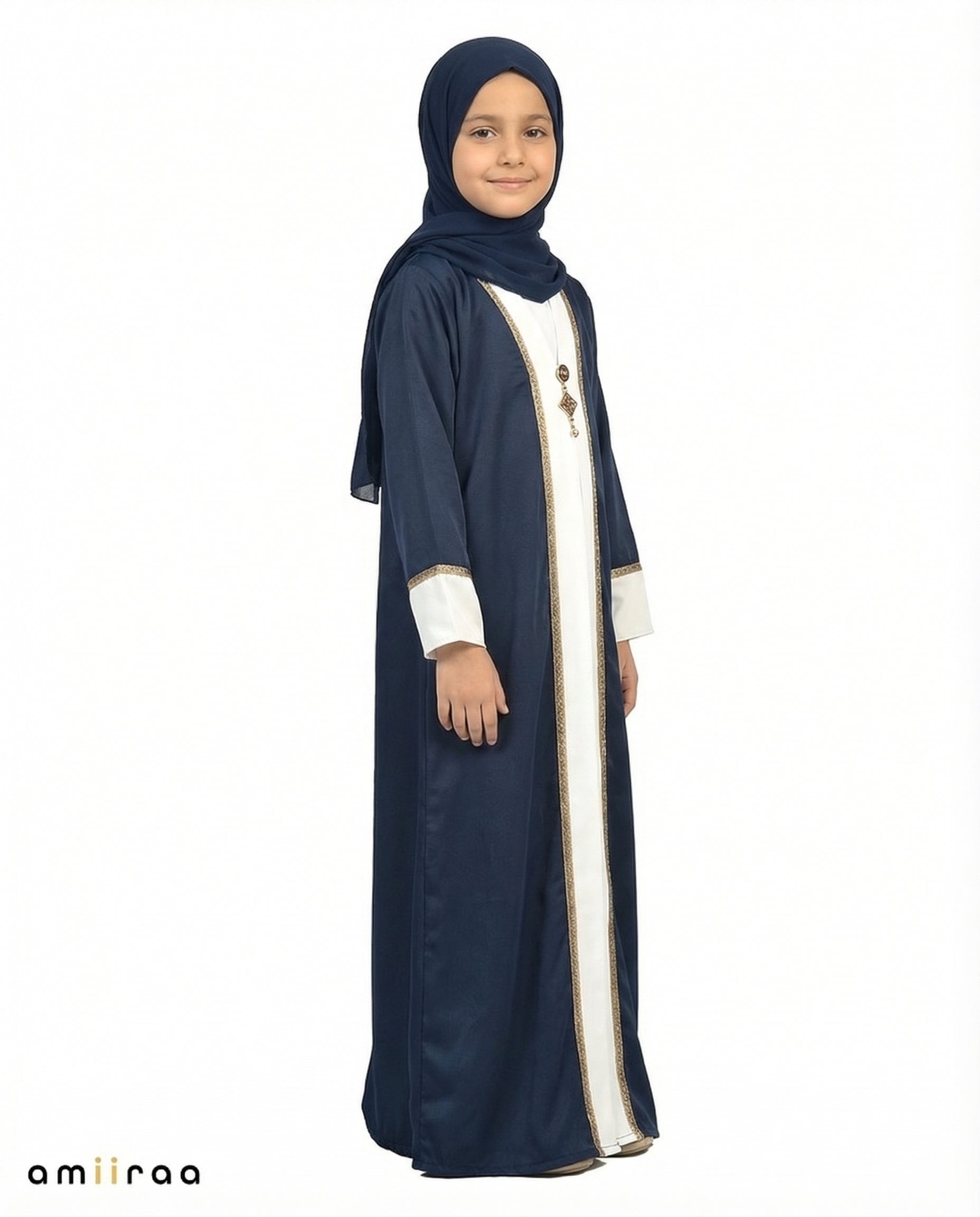 Black Iris Girls Elegant Open Abaya with Gold Trim Detailing