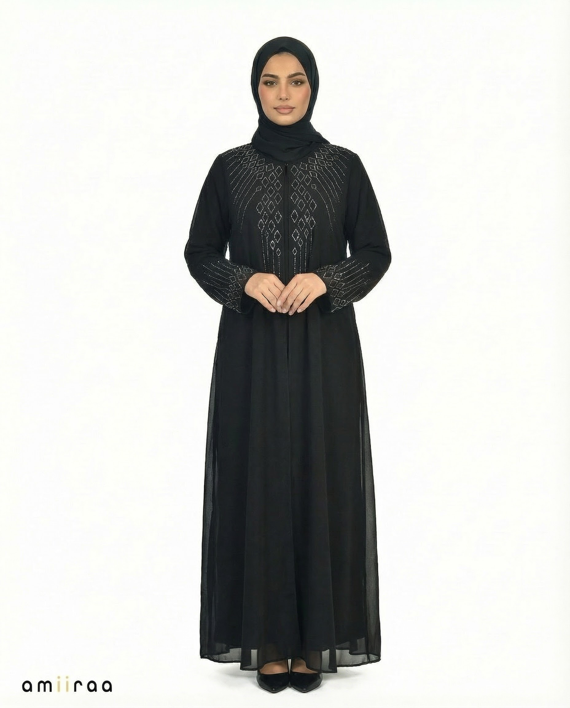 Tap Shoe Stone-Trim Layered Chiffon Abaya