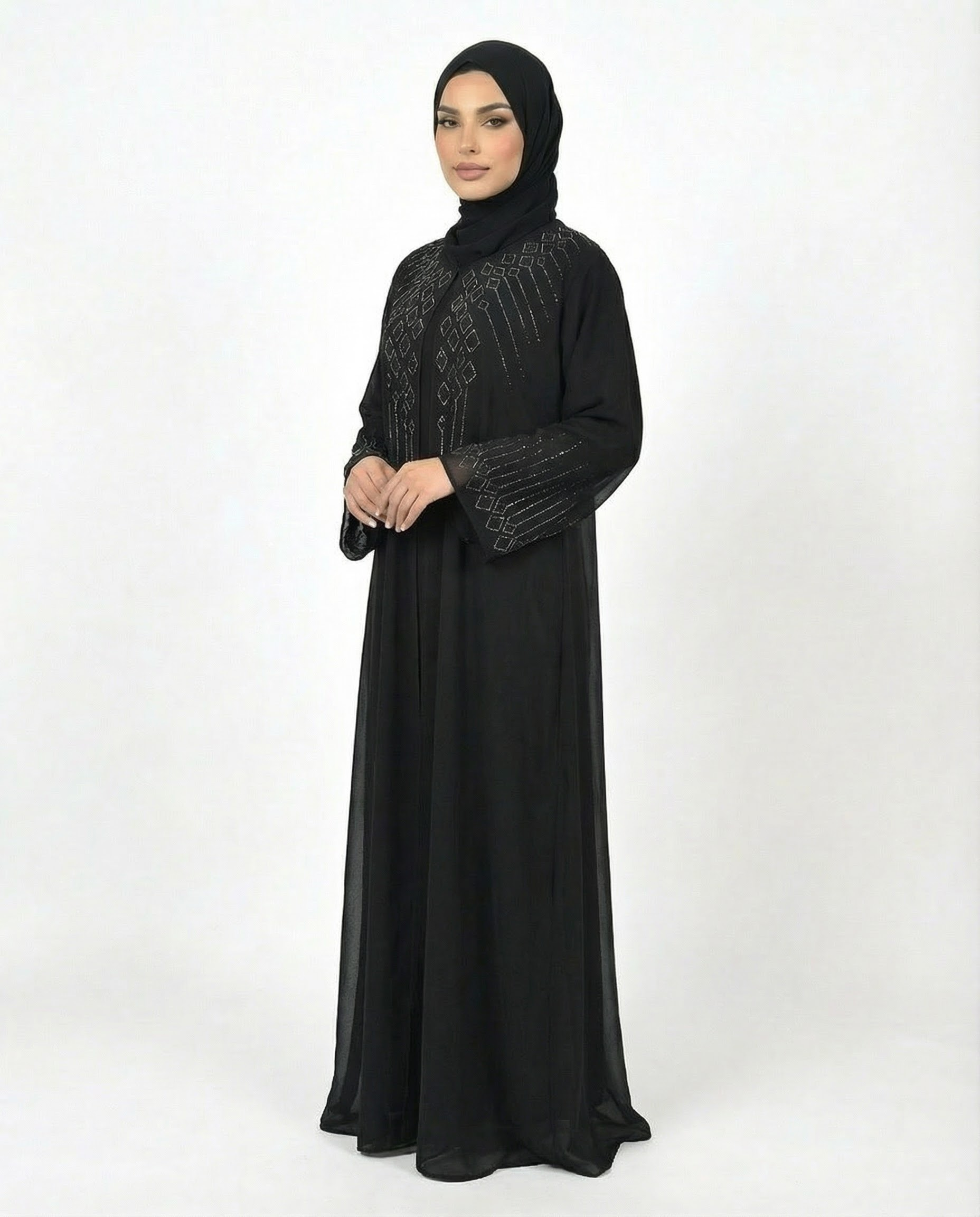 Tap Shoe Stone-Trim Layered Chiffon Abaya