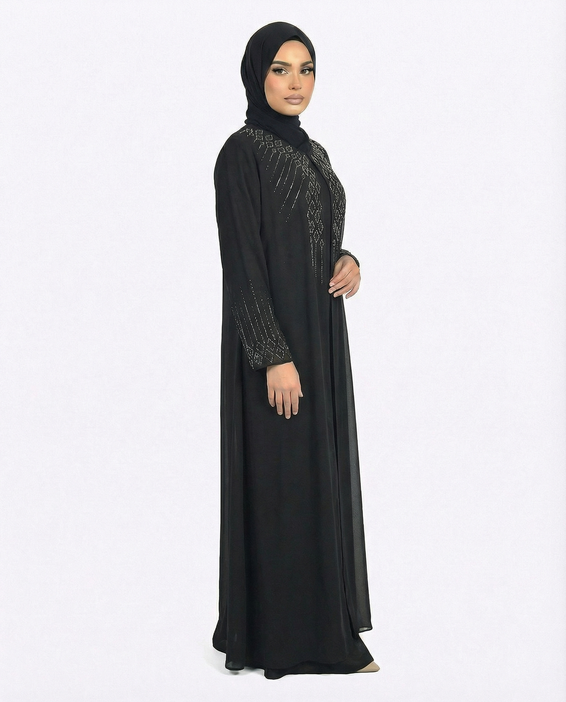 Tap Shoe Stone-Trim Layered Chiffon Abaya