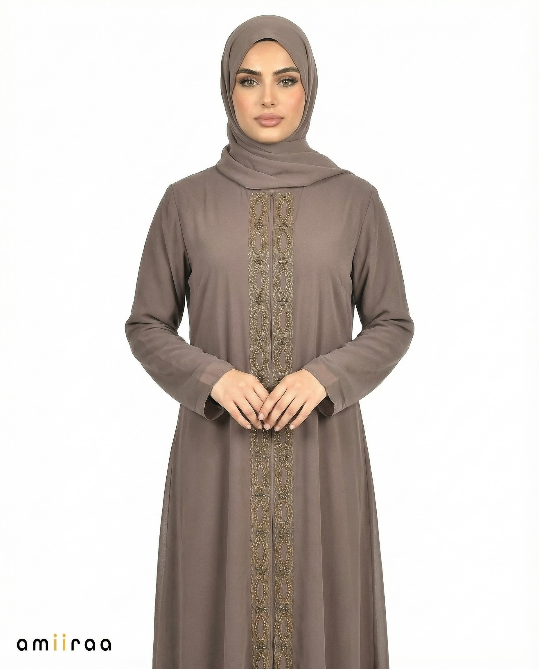 Tea Chiffon Abaya with Stone & Bead Embellished Front Panel