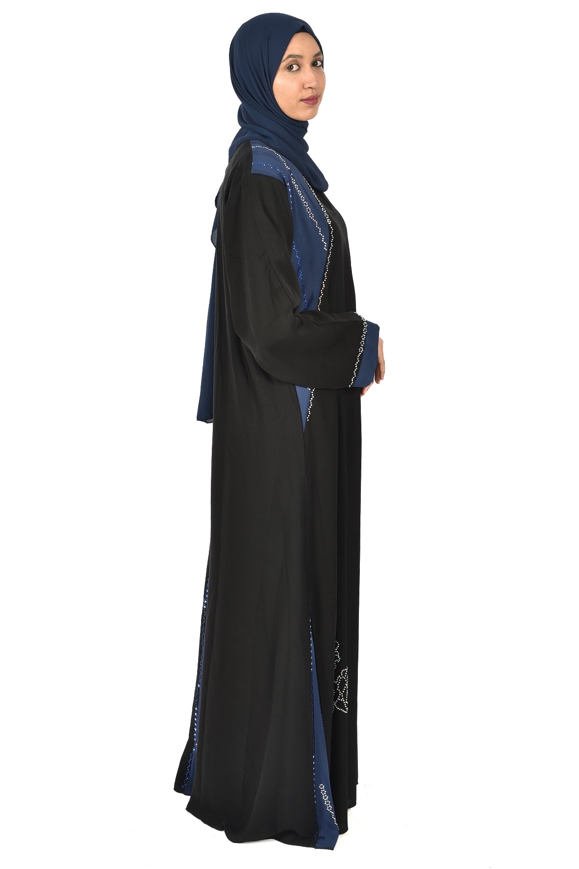 Elegant Black Abaya with Shiny Embroidery and Matching Blue Scarf – Feminine & Stylish Des (ladies abaya )ign