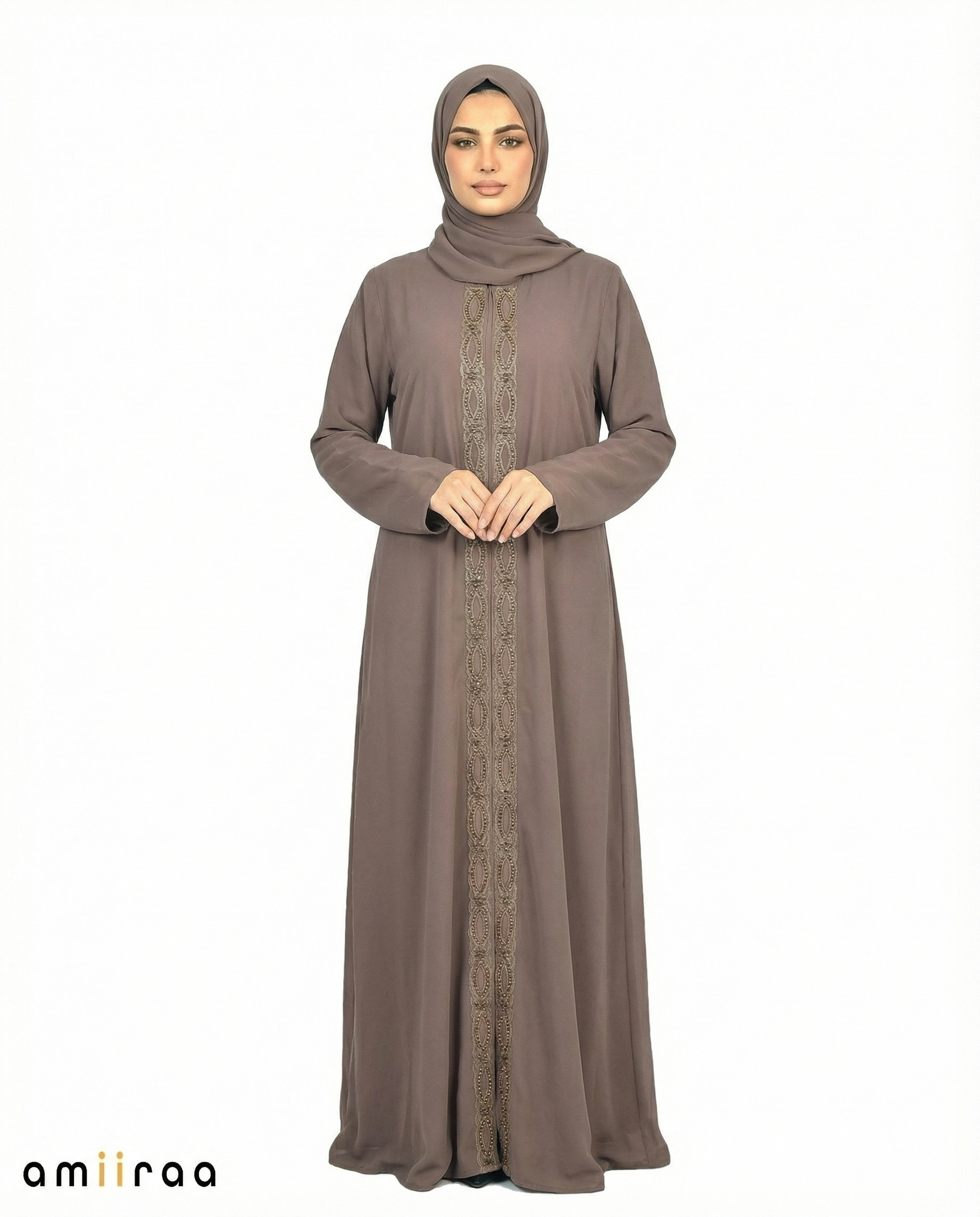 Tea Chiffon Abaya with Stone & Bead Embellished Front Panel