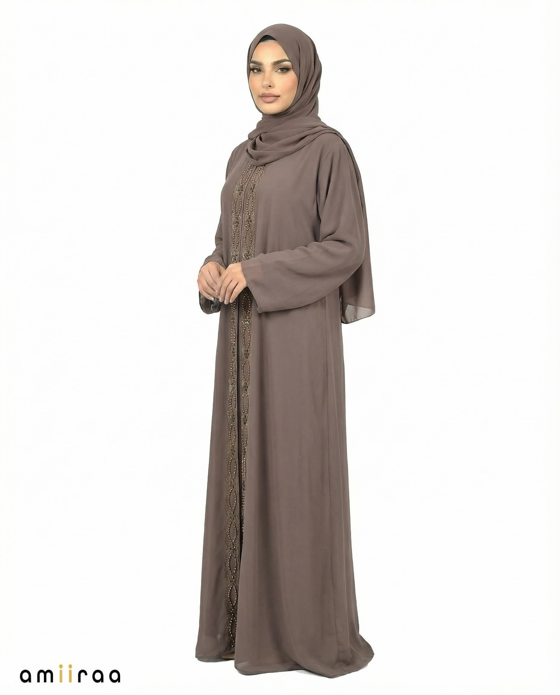 Tea Chiffon Abaya with Stone & Bead Embellished Front Panel