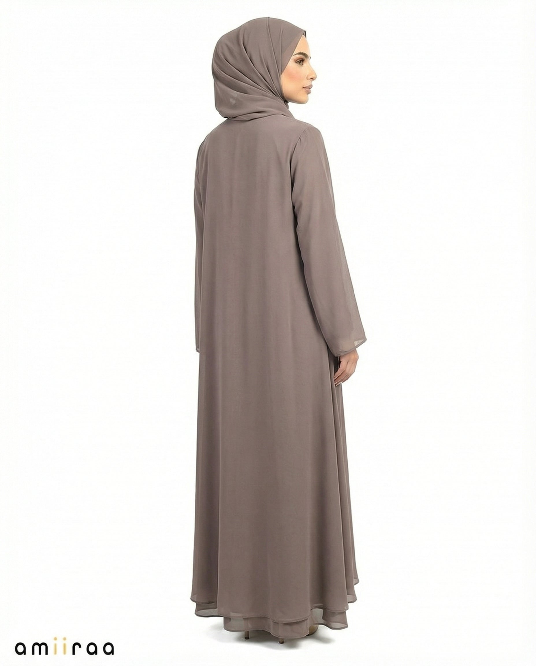 Tea Chiffon Abaya with Stone & Bead Embellished Front Panel