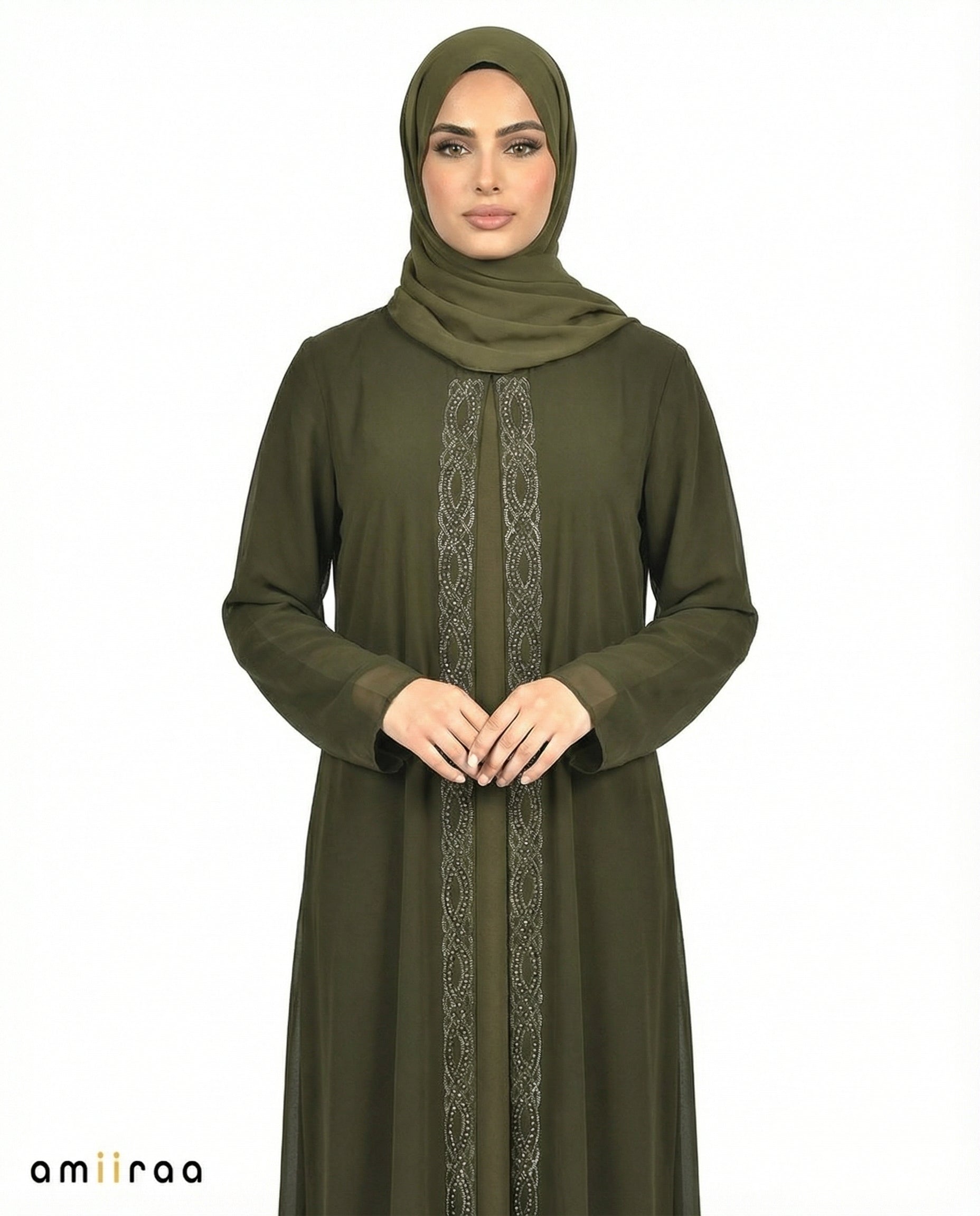 Peat Chiffon Abaya with Stone & Bead Embellished Front Panel