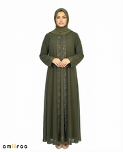 Peat Chiffon Abaya with Stone & Bead Embellished Front Panel