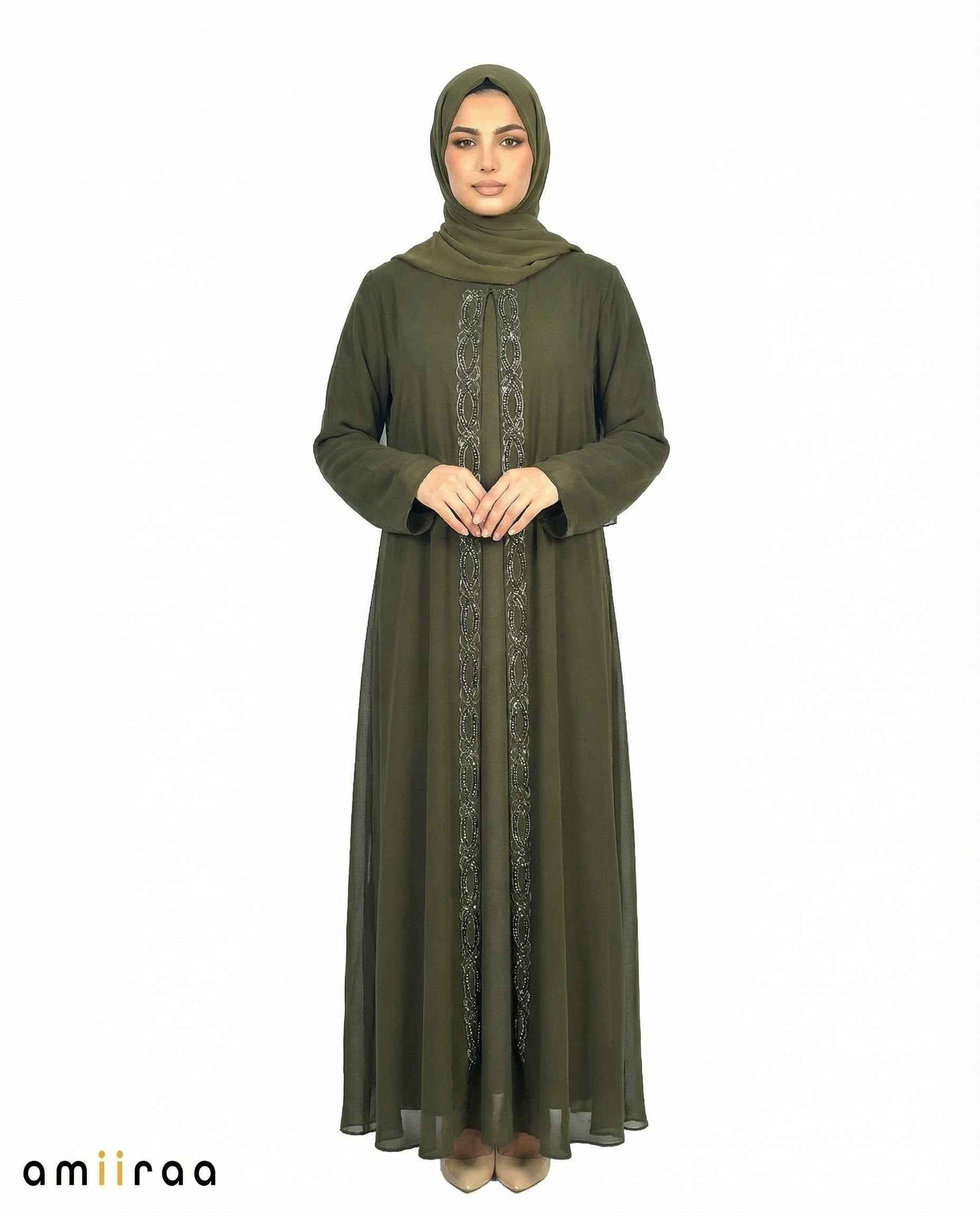 Peat Chiffon Abaya with Stone & Bead Embellished Front Panel