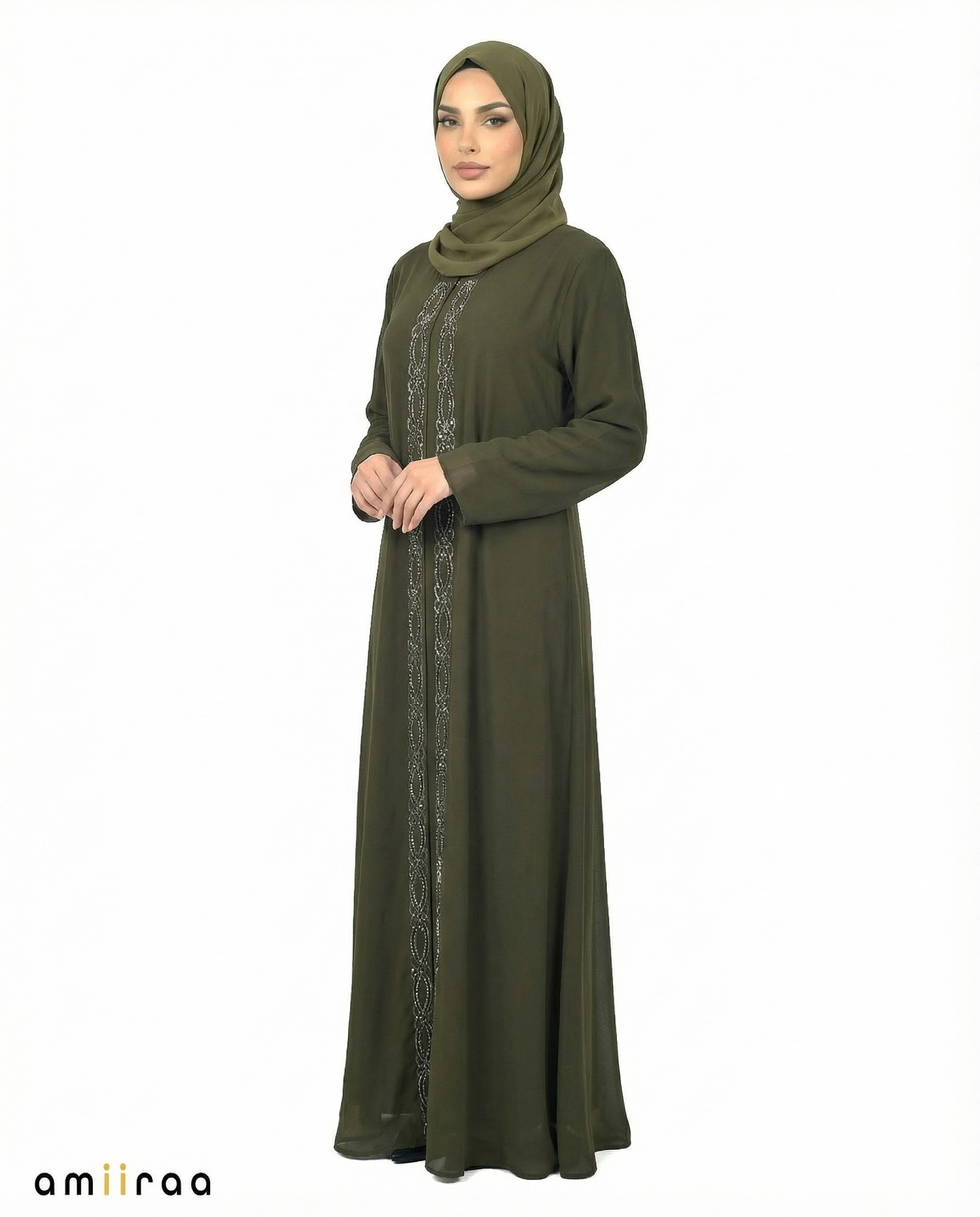 Peat Chiffon Abaya with Stone & Bead Embellished Front Panel