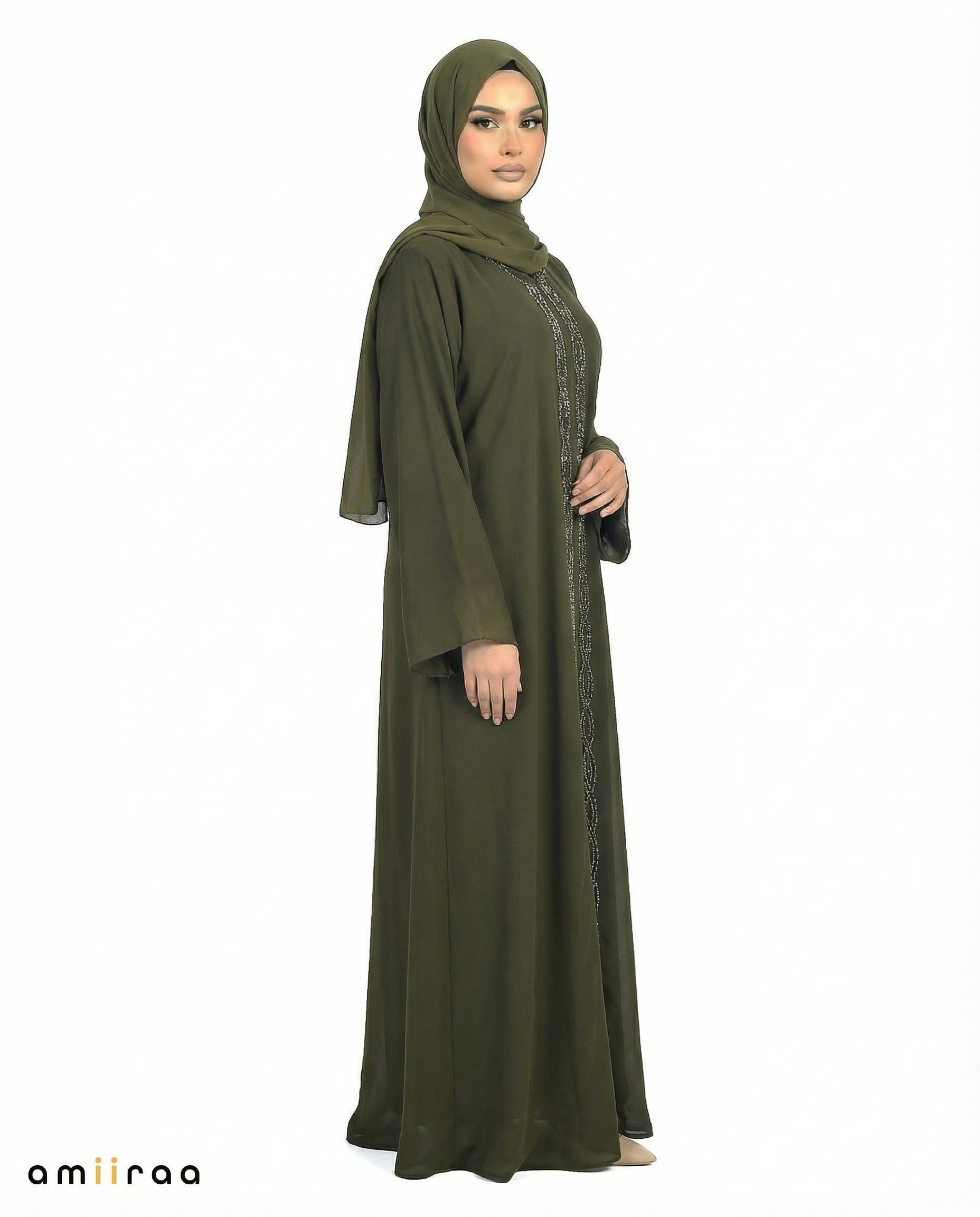 Peat Chiffon Abaya with Stone & Bead Embellished Front Panel