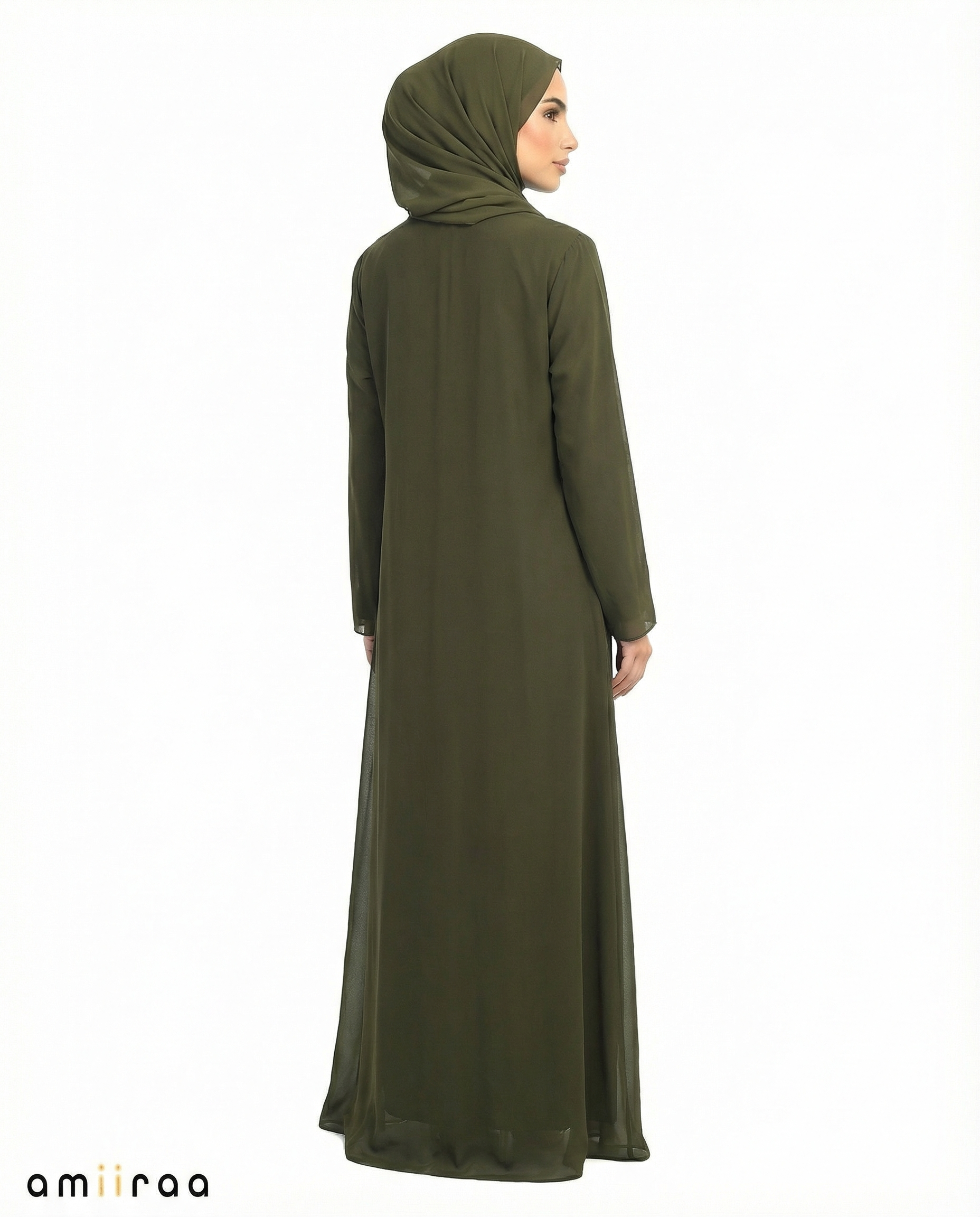 Peat Chiffon Abaya with Stone & Bead Embellished Front Panel