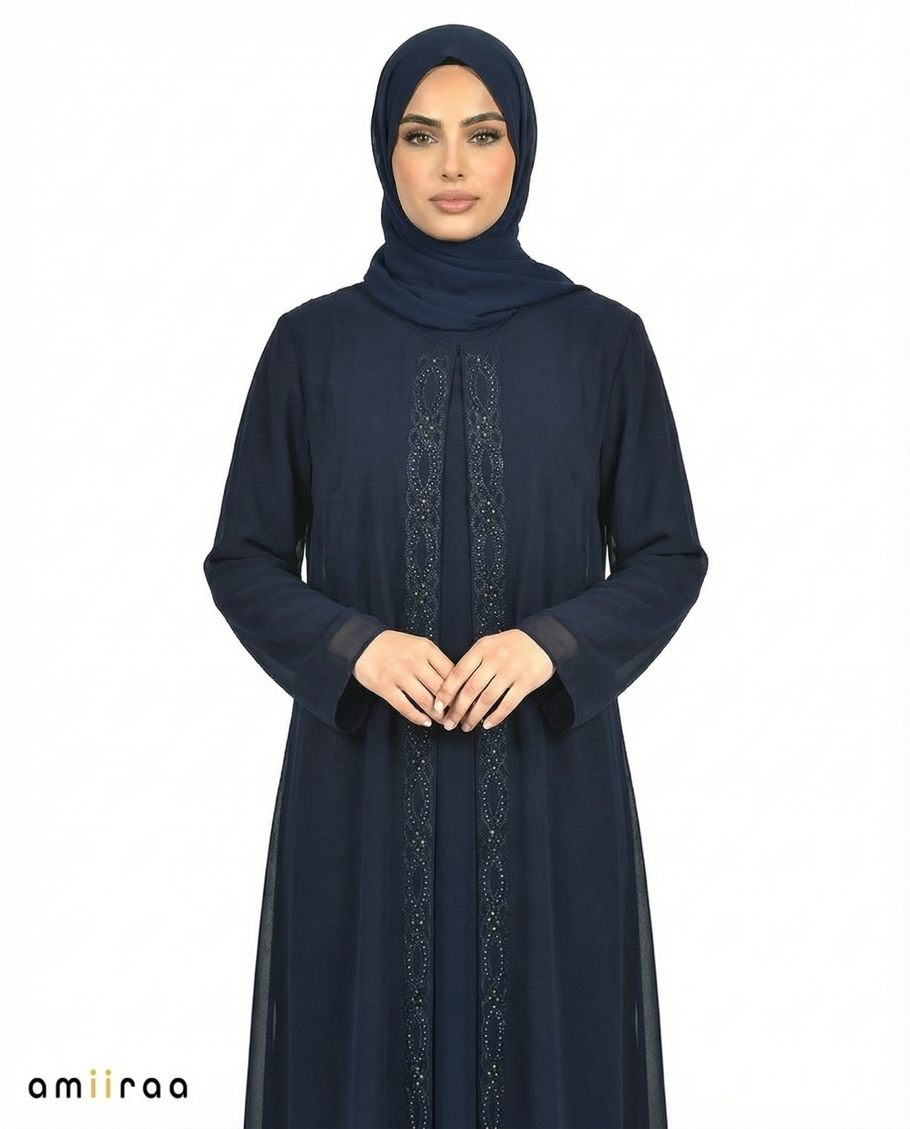 Dark Sapphire Chiffon Abaya with Stone & Bead Embellished Front Panel