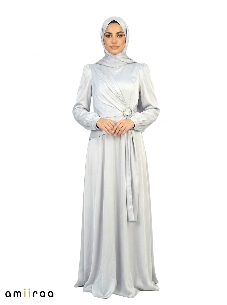 Gray Dawn Elegant Draped Maxi Dress with Crystal Buckle Detail