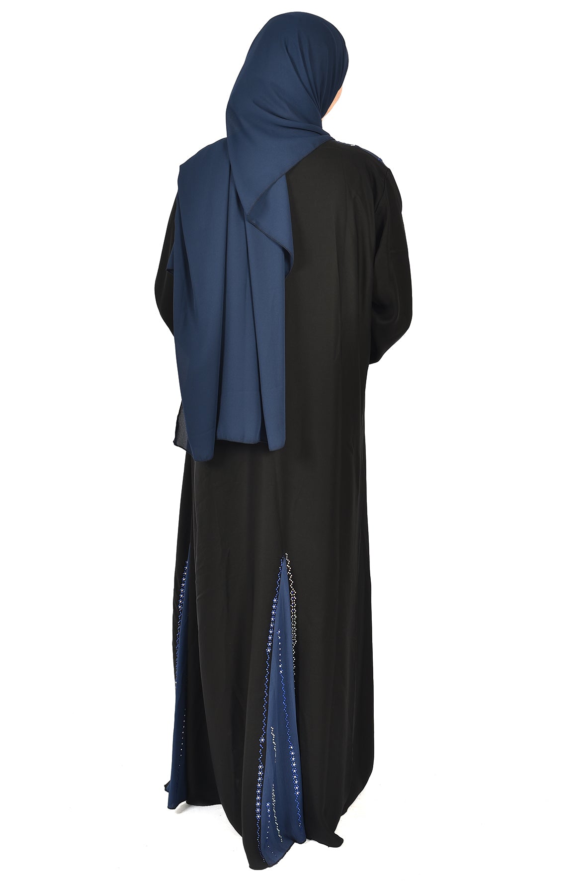 Elegant Black Abaya with Shiny Embroidery and Matching Blue Scarf – Feminine & Stylish Des (ladies abaya )ign