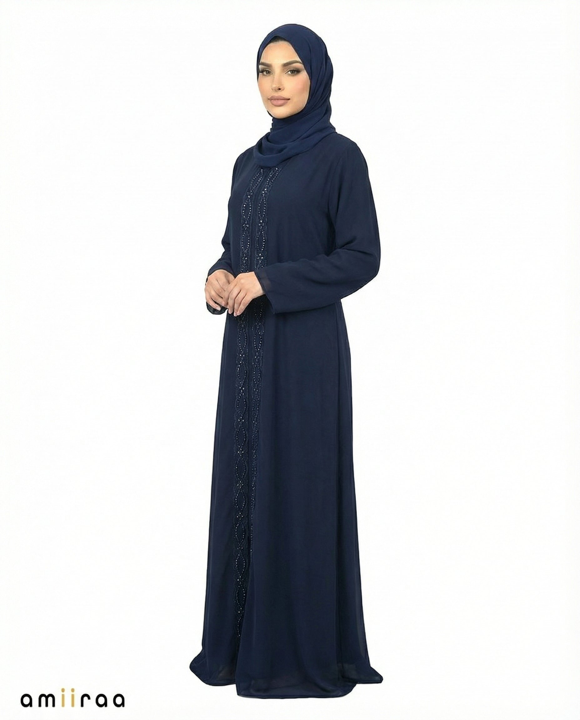 Dark Sapphire Chiffon Abaya with Stone & Bead Embellished Front Panel