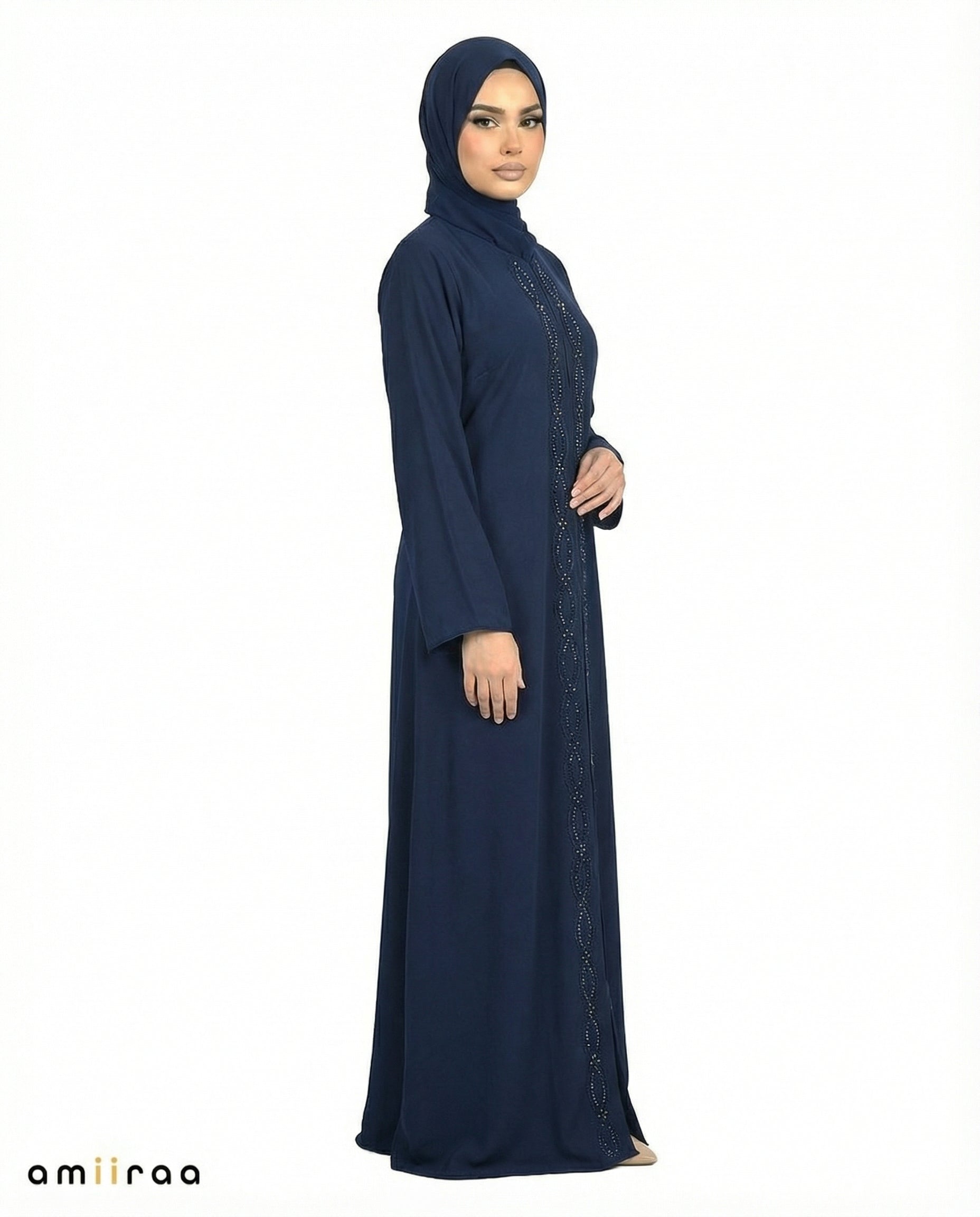 Dark Sapphire Chiffon Abaya with Stone & Bead Embellished Front Panel