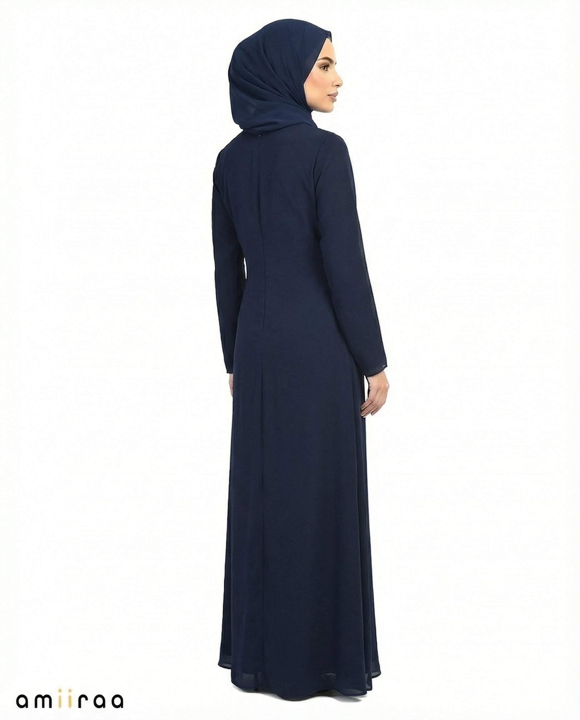 Dark Sapphire Chiffon Abaya with Stone & Bead Embellished Front Panel
