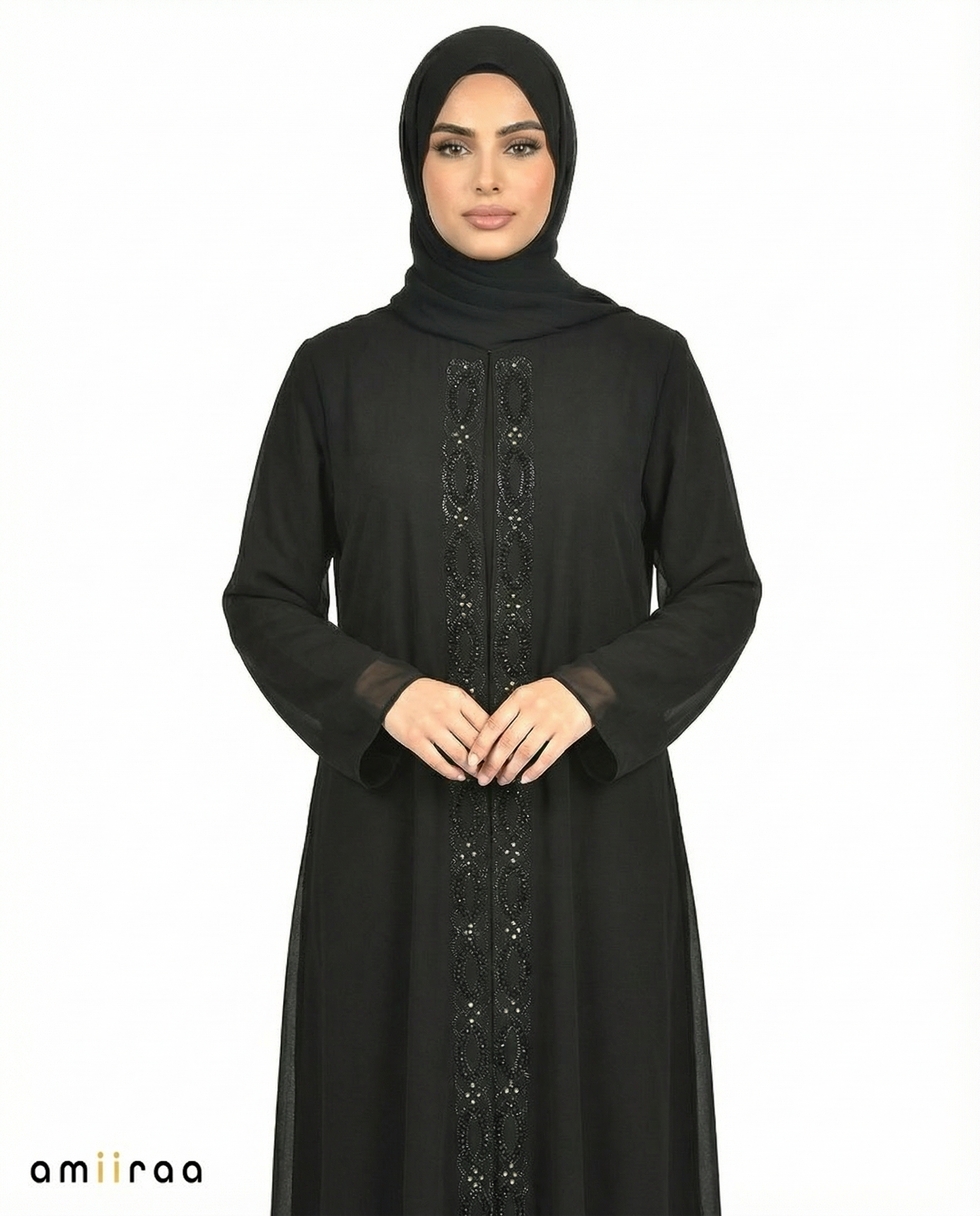 Tap Shoe Chiffon Abaya with Stone & Bead Embellished Front Panel