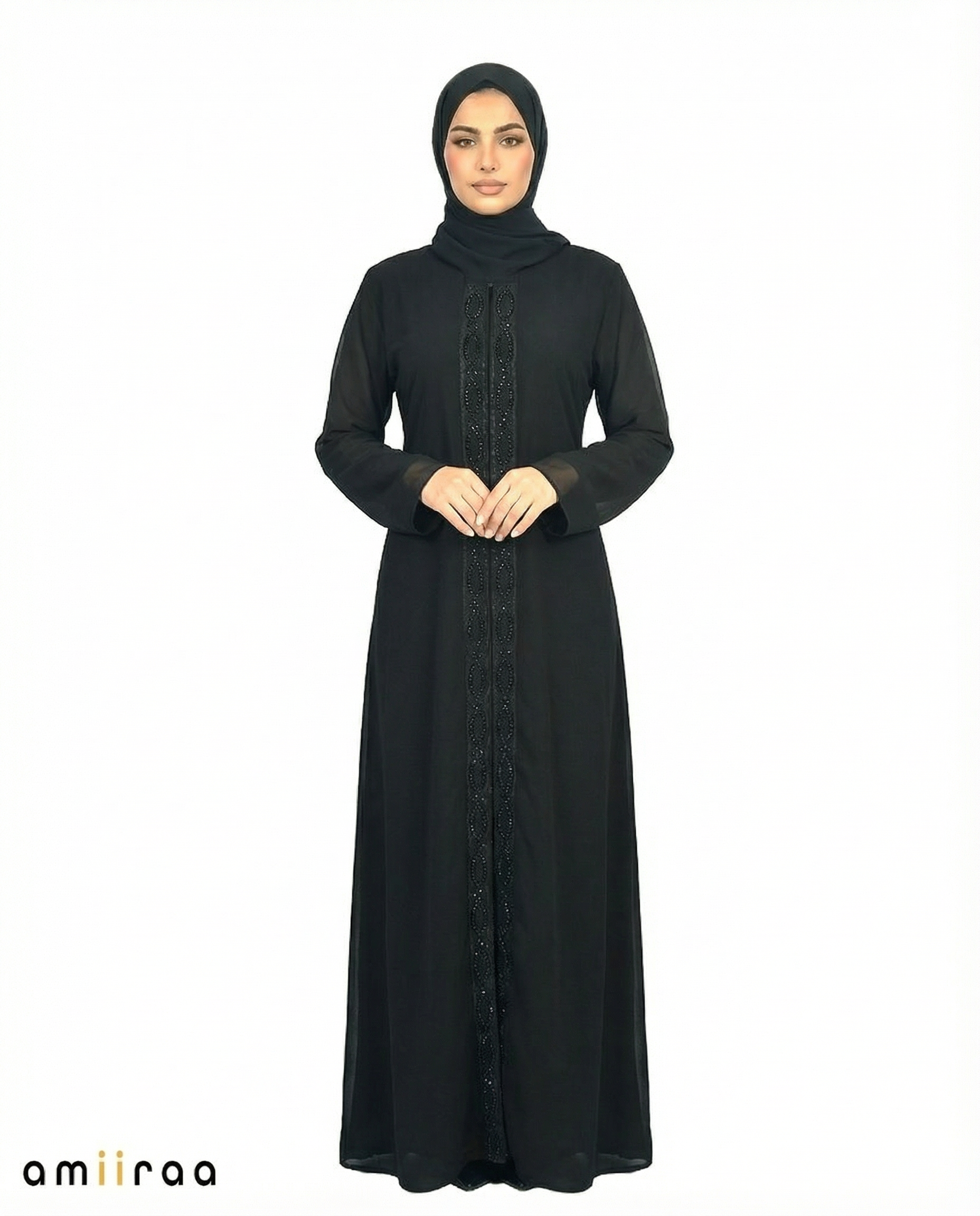 Tap Shoe Chiffon Abaya with Stone & Bead Embellished Front Panel