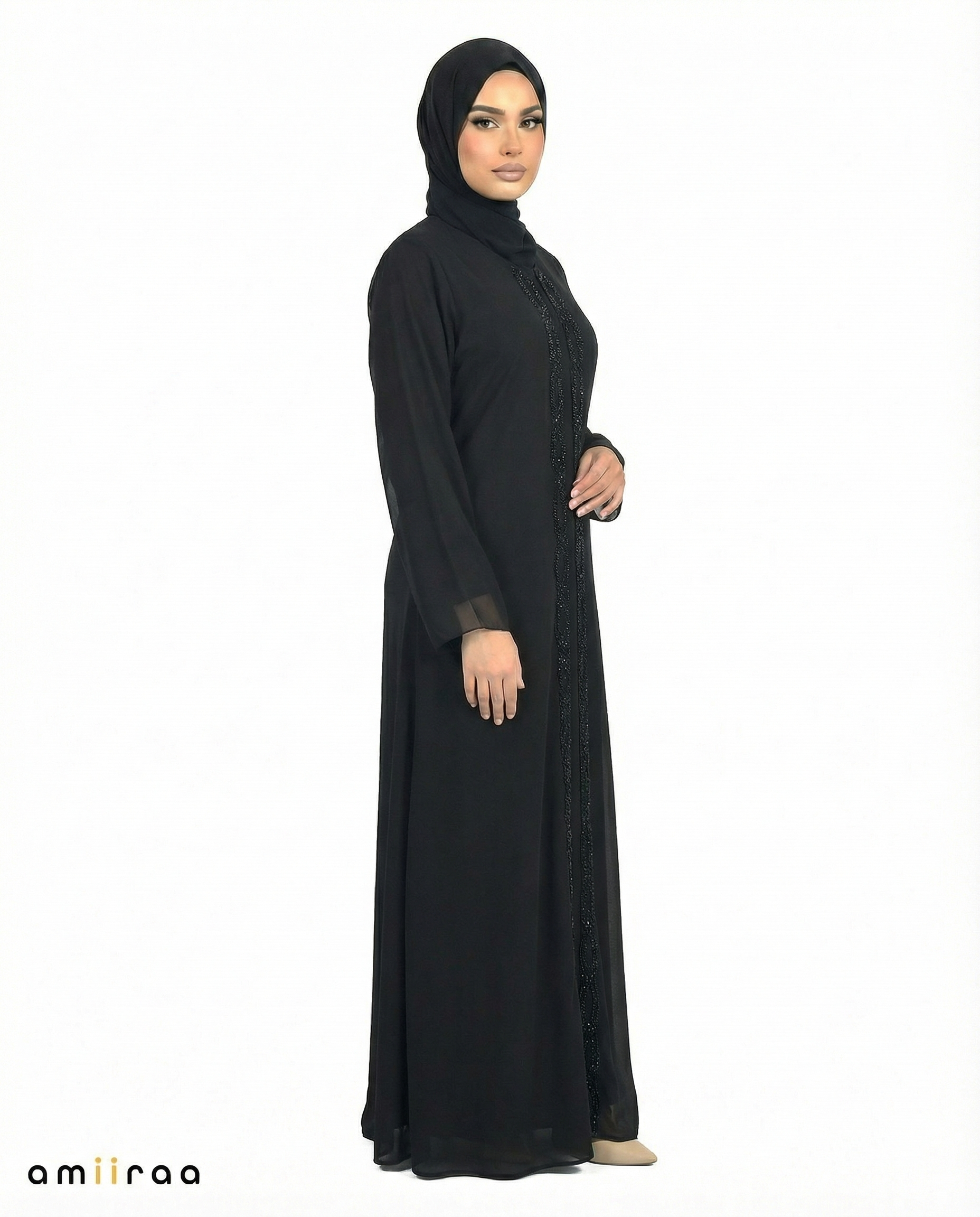 Tap Shoe Chiffon Abaya with Stone & Bead Embellished Front Panel