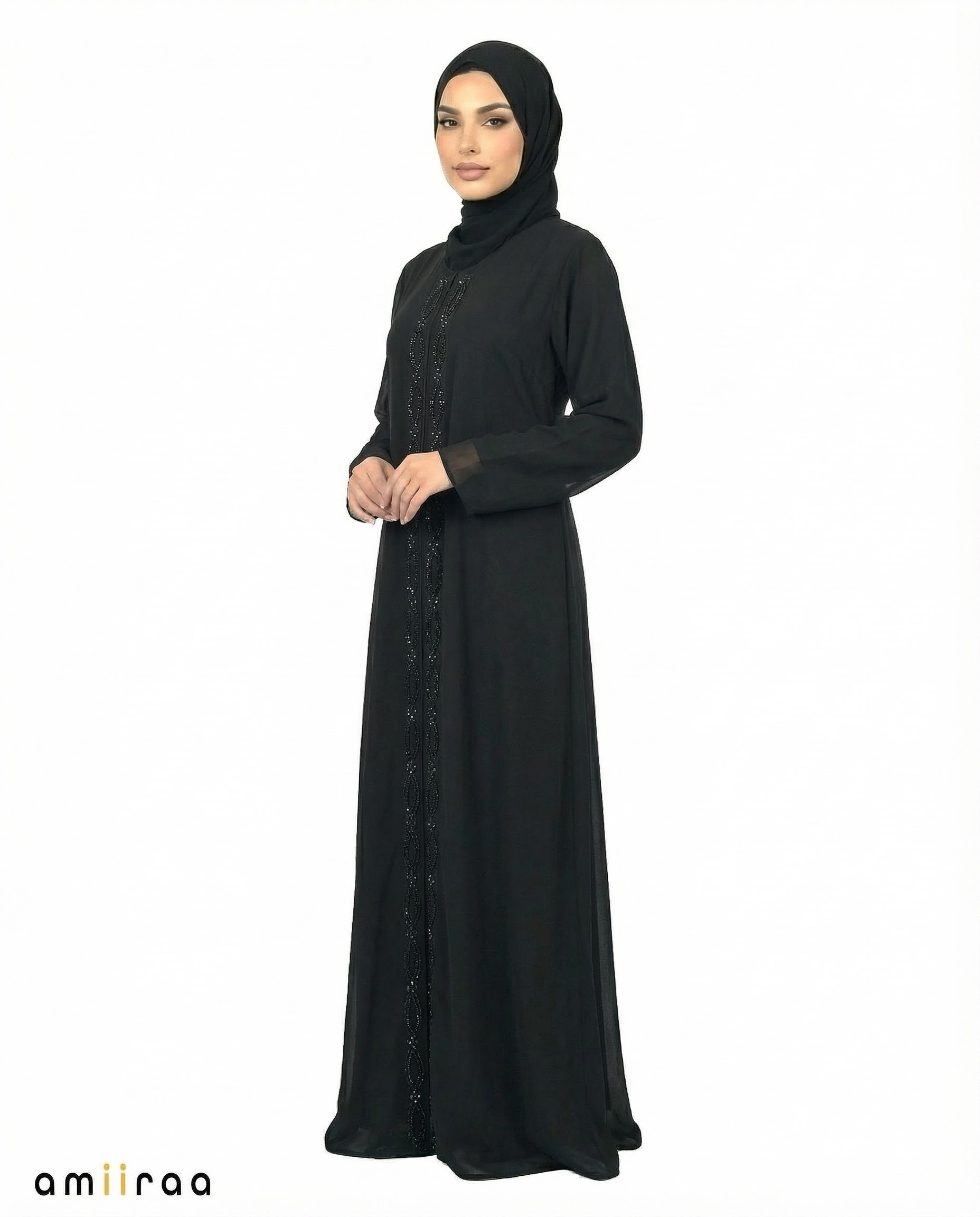 Tap Shoe Chiffon Abaya with Stone & Bead Embellished Front Panel