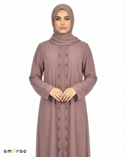 Plum TruffleChiffon Abaya with Stone & Bead Embellished Front Panel
