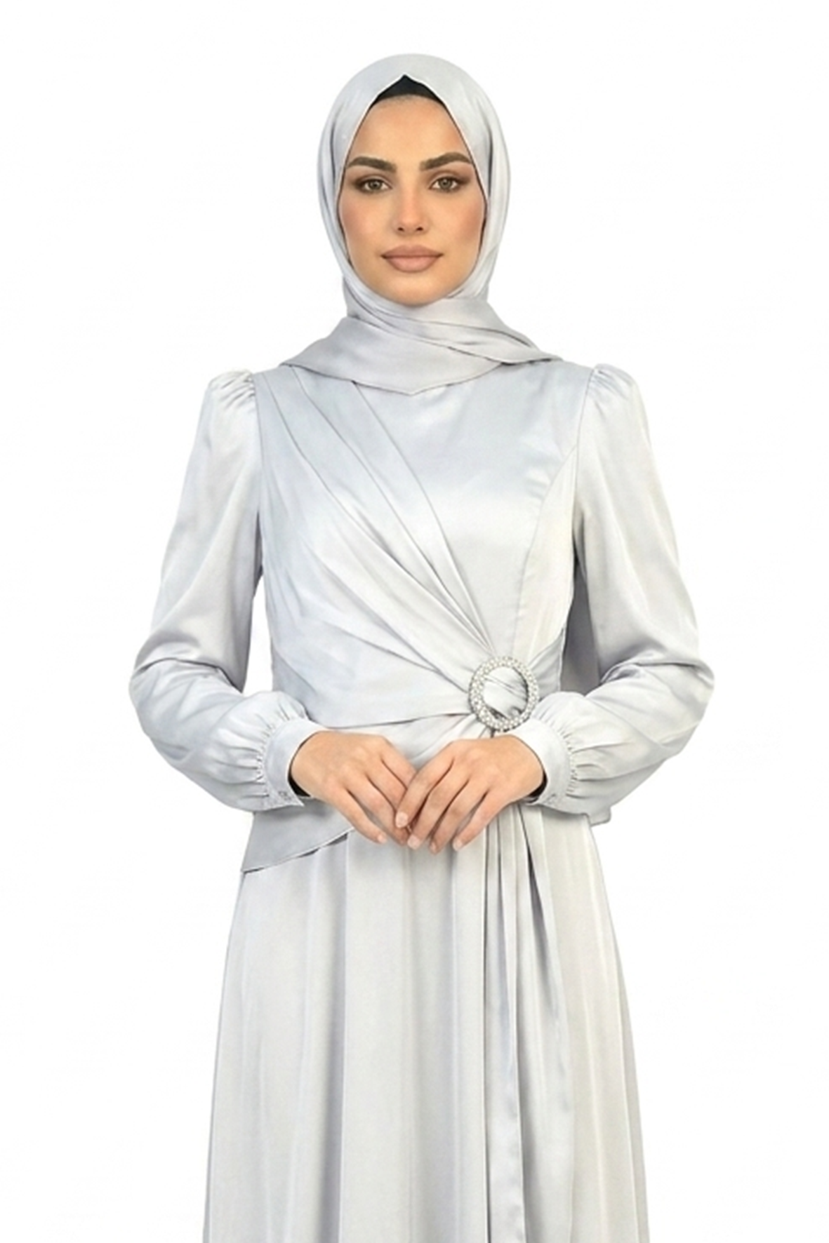 Gray Dawn Elegant Draped Maxi Dress with Crystal Buckle Detail