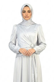 Gray Dawn Elegant Draped Maxi Dress with Crystal Buckle Detail