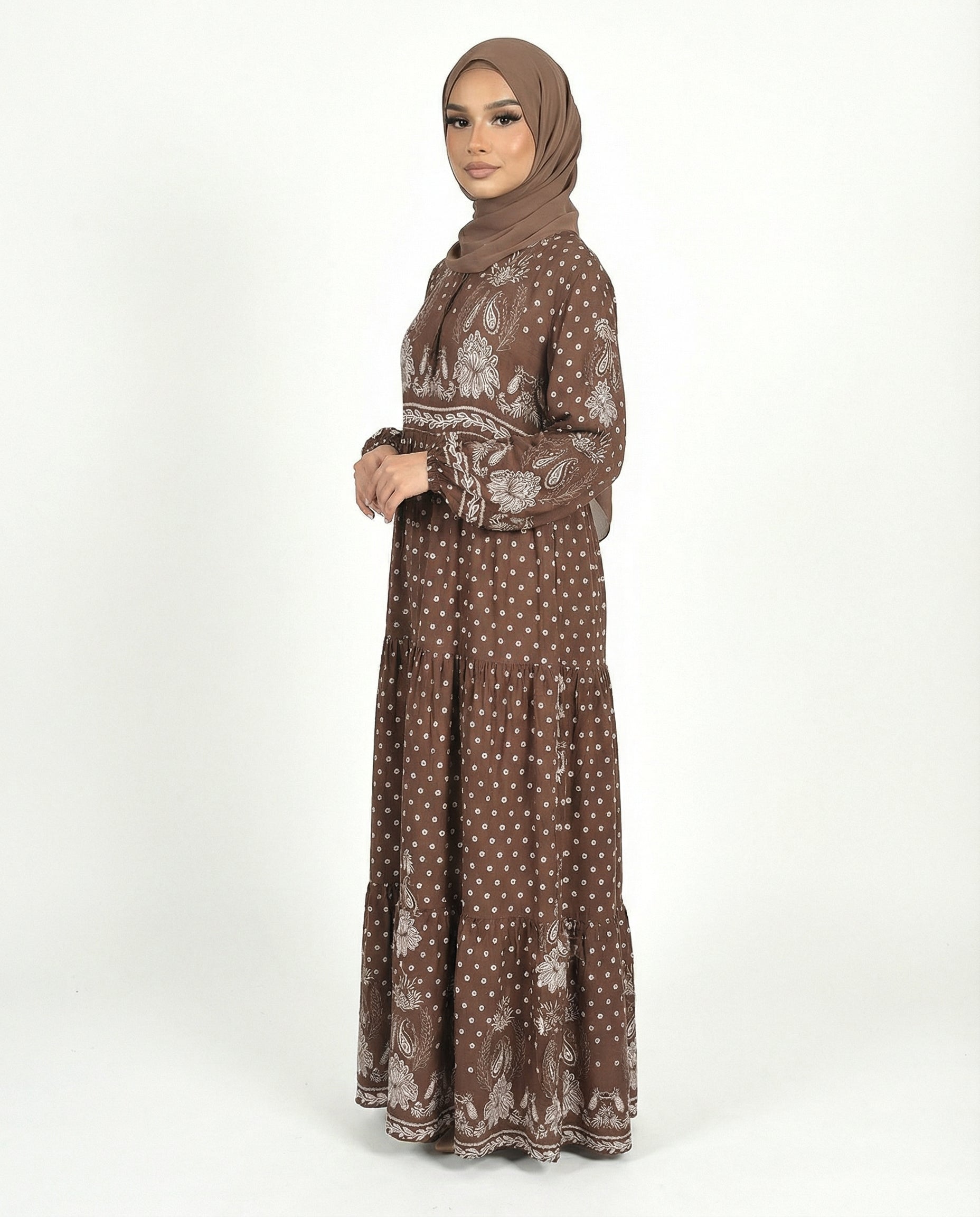 Licorice Bohemian Floral Modest Maxi Dress