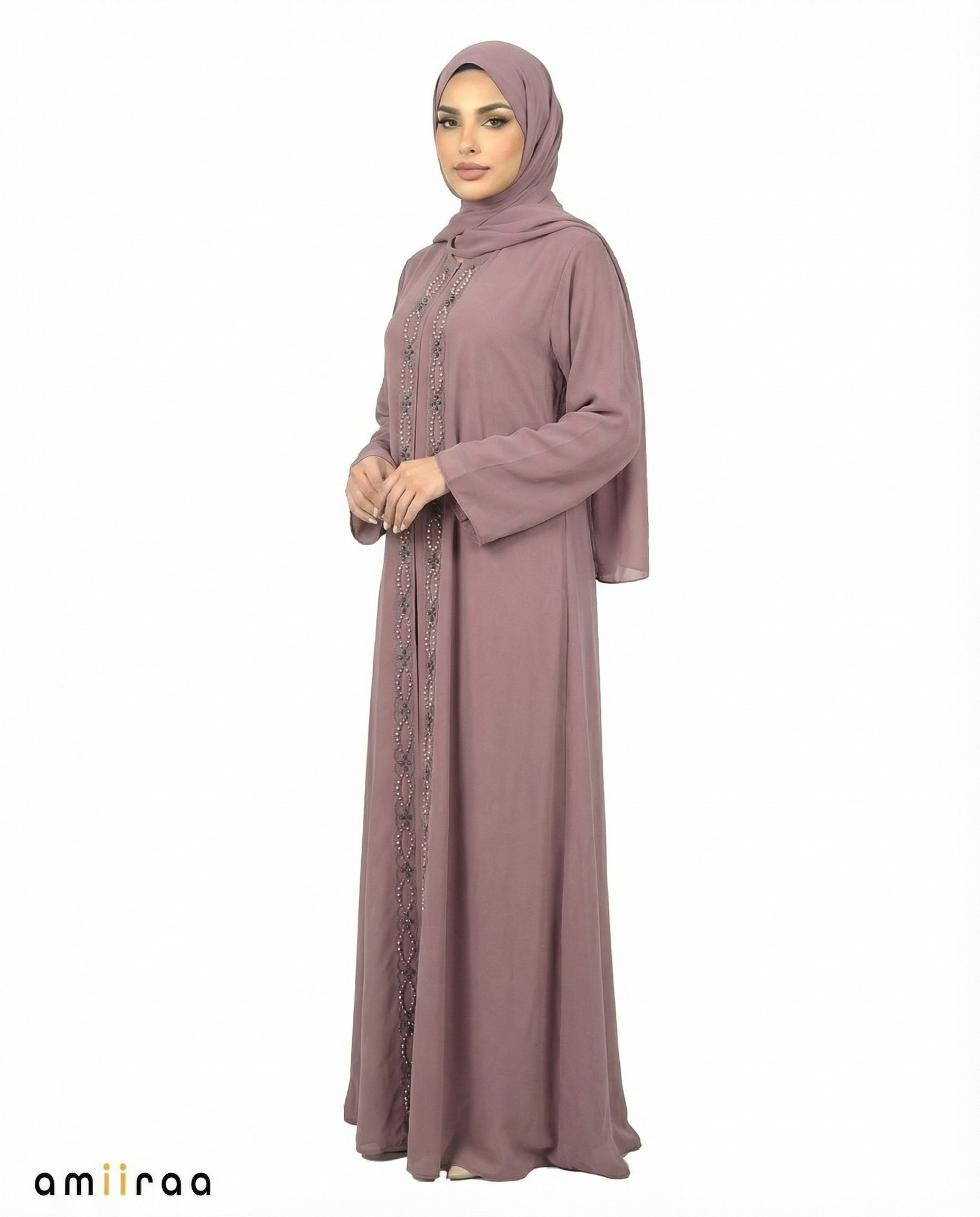 Plum TruffleChiffon Abaya with Stone & Bead Embellished Front Panel