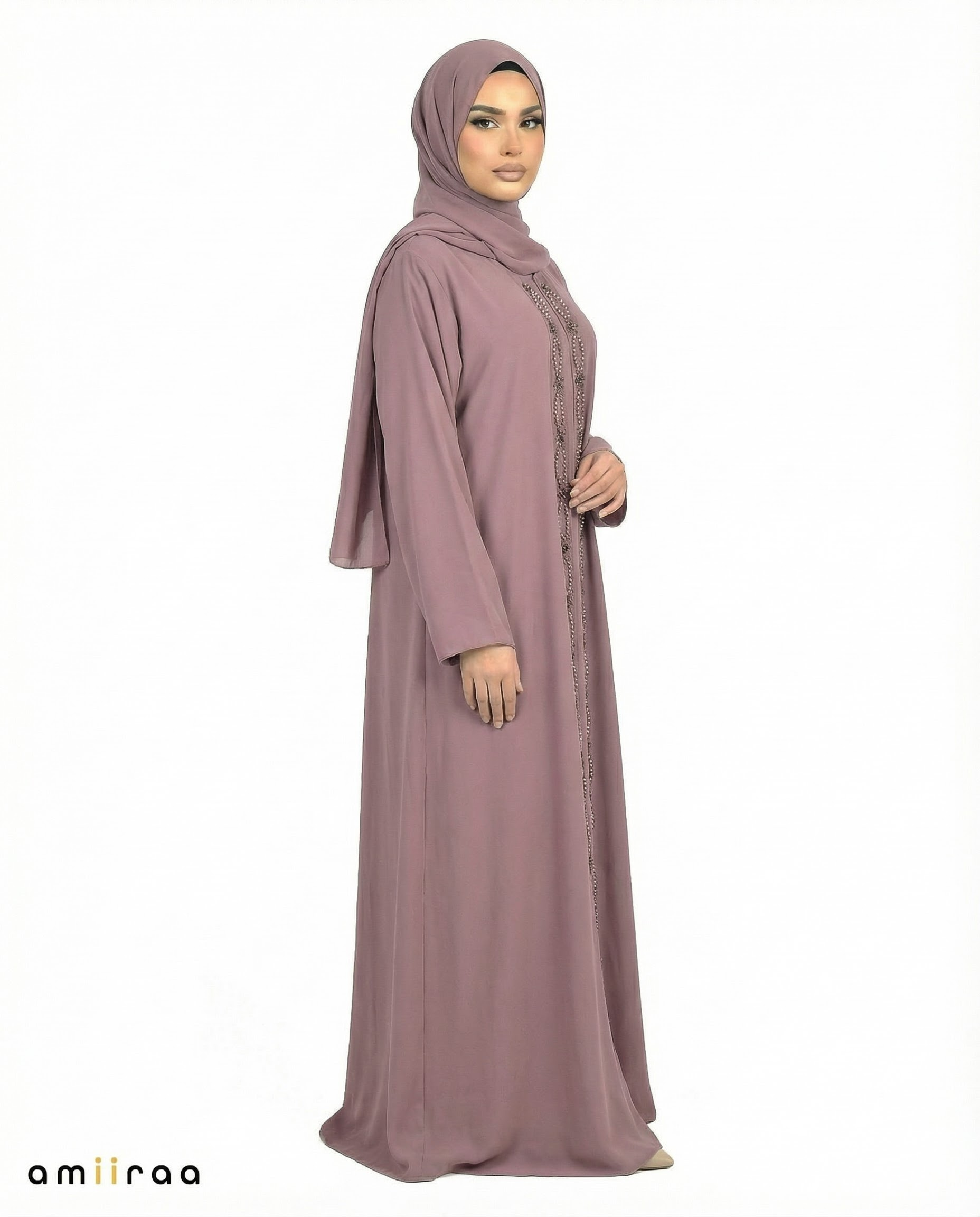 Plum TruffleChiffon Abaya with Stone & Bead Embellished Front Panel