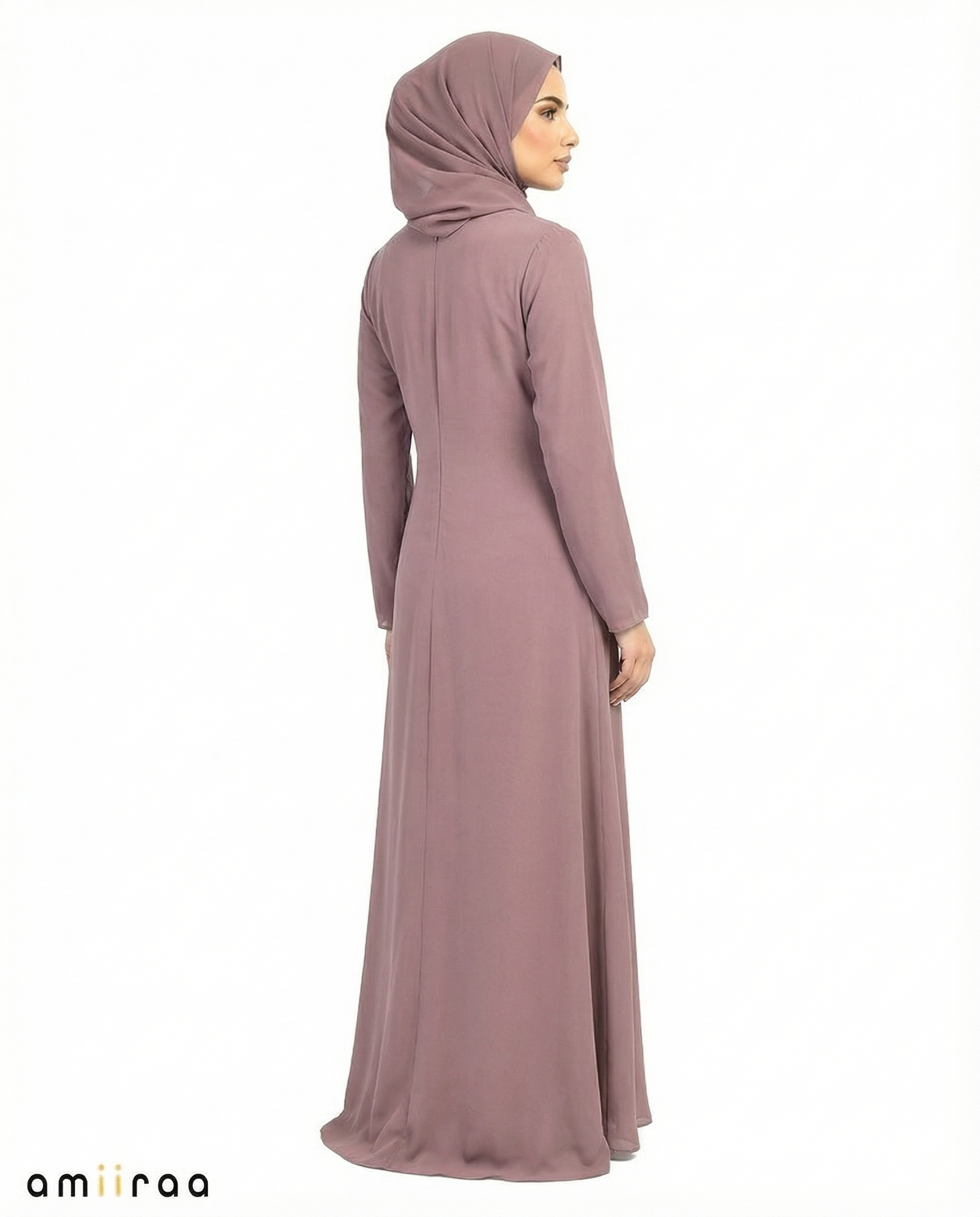 Plum TruffleChiffon Abaya with Stone & Bead Embellished Front Panel