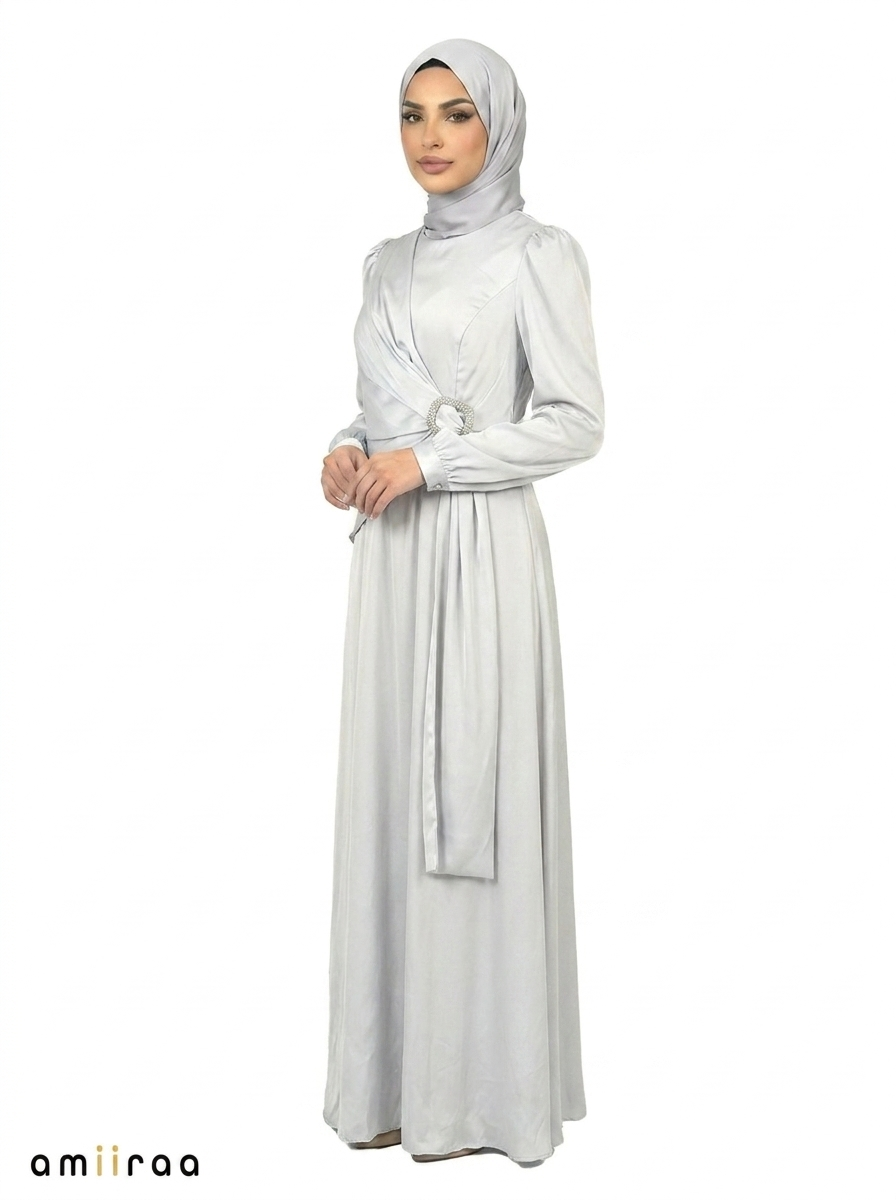 Gray Dawn Elegant Draped Maxi Dress with Crystal Buckle Detail