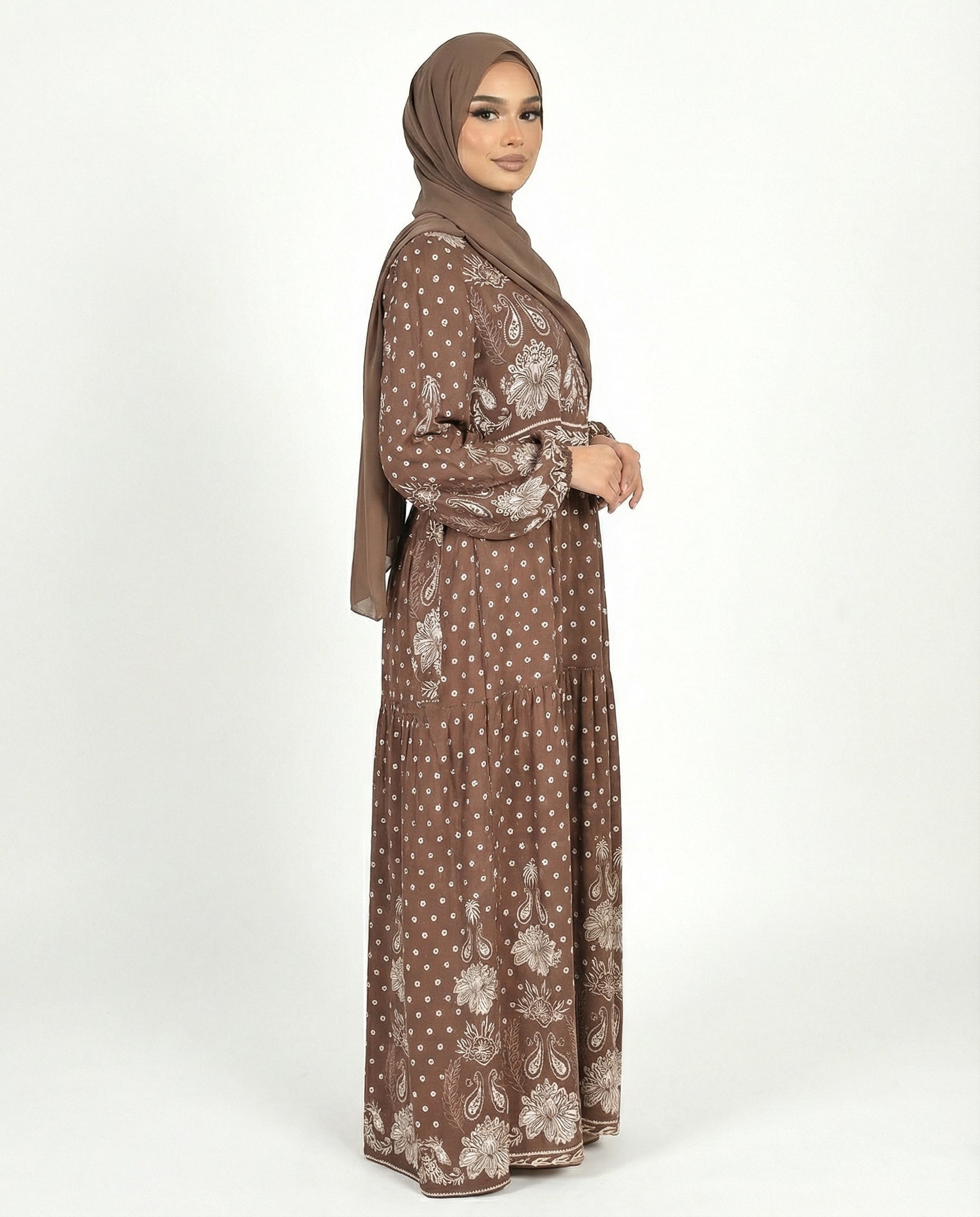 Licorice Bohemian Floral Modest Maxi Dress