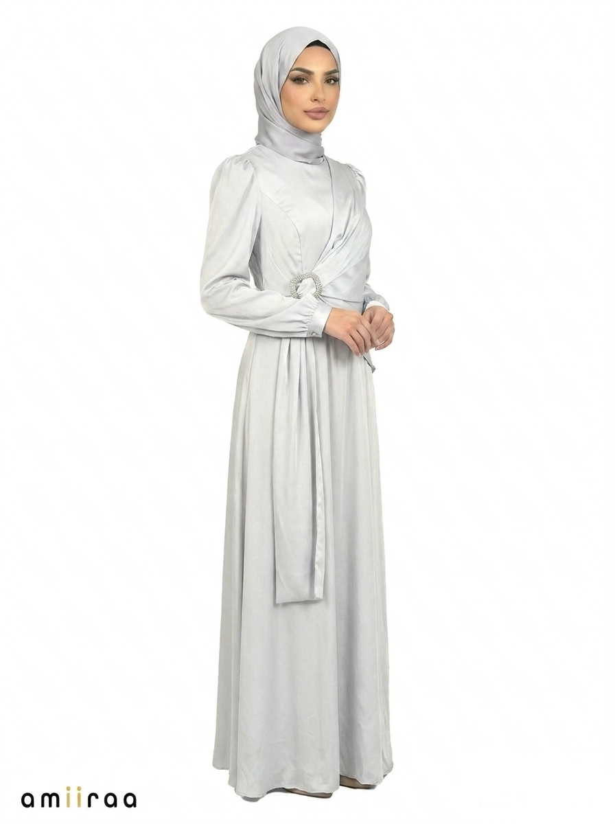 Gray Dawn Elegant Draped Maxi Dress with Crystal Buckle Detail