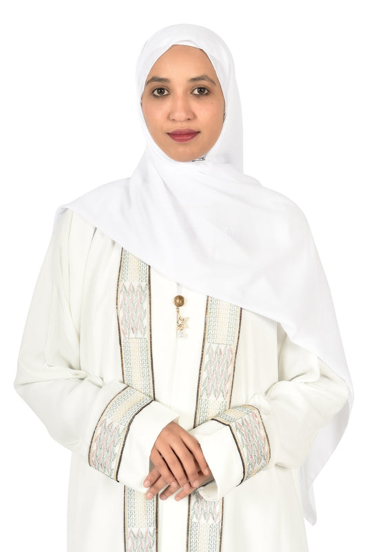Off-White Abaya with Elegant Embroidered Edges – Sophisticated Occasion Wear ( ladies abaya )