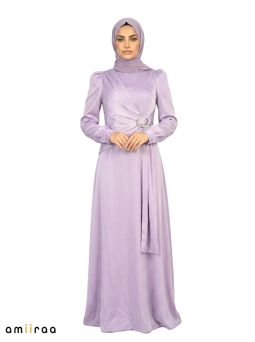 Sheer Lilac Elegant Draped Maxi Dress with Crystal Buckle Detail