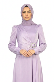Sheer Lilac Elegant Draped Maxi Dress with Crystal Buckle Detail